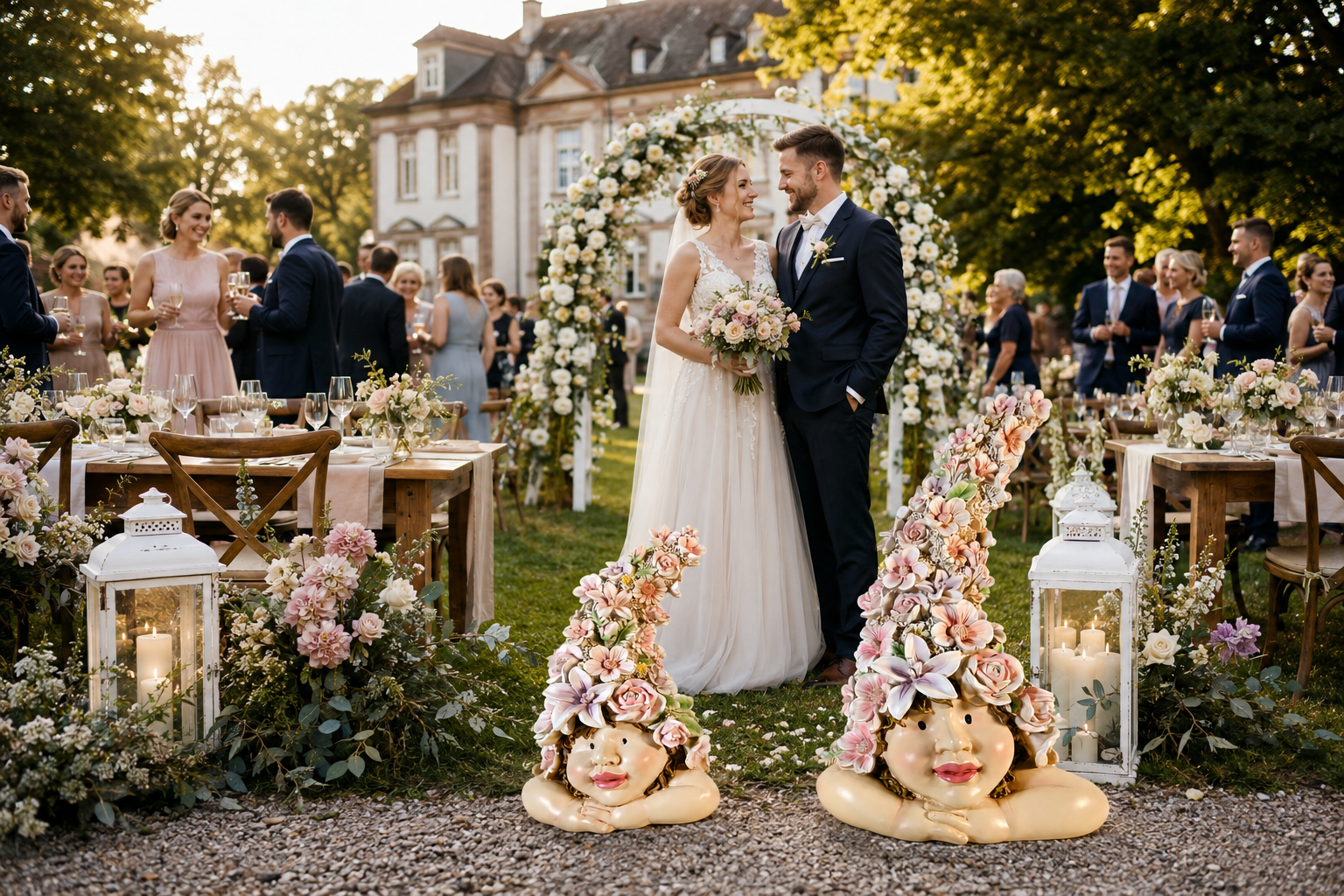 Blumenkind Figuren als Paar in einem romantischen Hochzeitsgarten