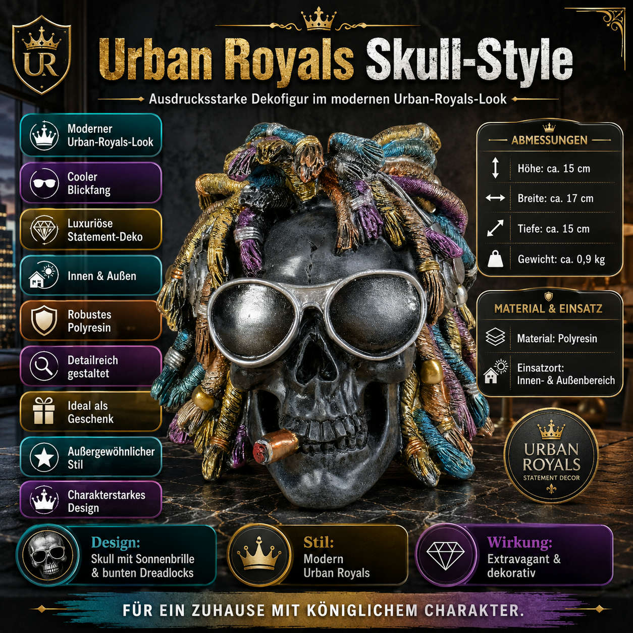 Schädel Deko Rasta Totenkopf Figur mit Sonnenbrille & Dreadlocks