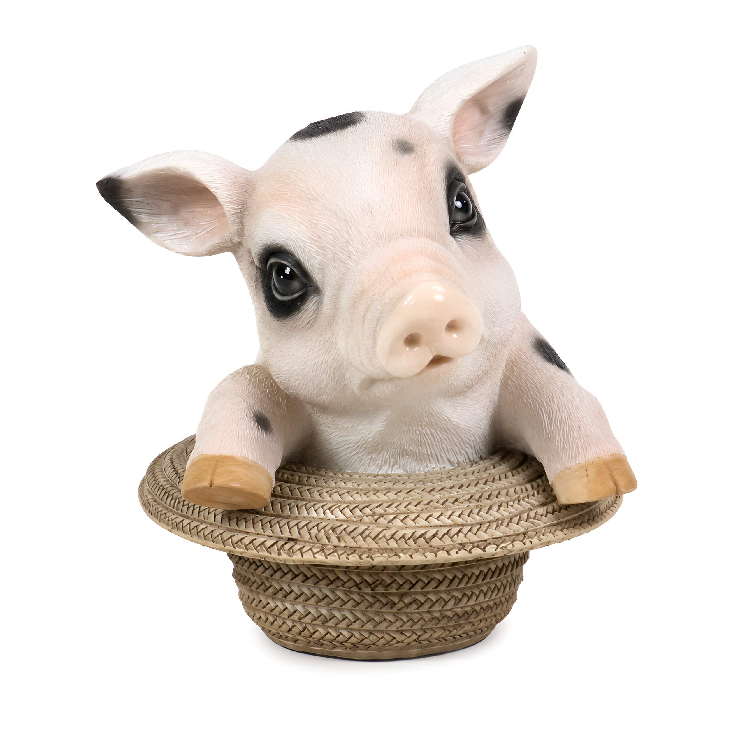 Schweine Figur Glücksschweinchen im Hut, niedliche Deko Schwein Figur für Haus & Garten