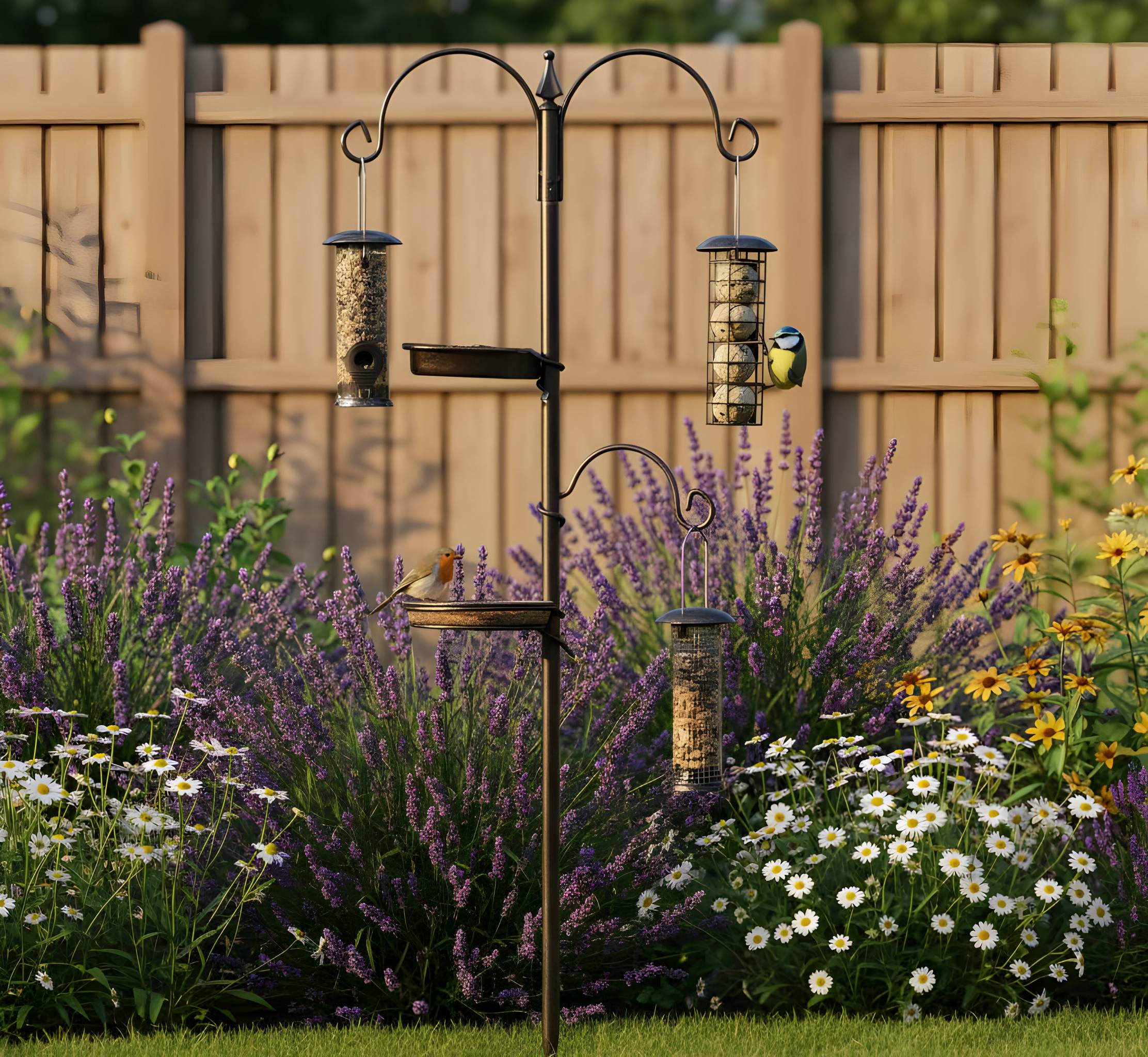 5 in 1 Vogelfutterstation Metall mit Vogeltränke, 3 Futtersäulen und Futterschale für Garten und Rasenflächen