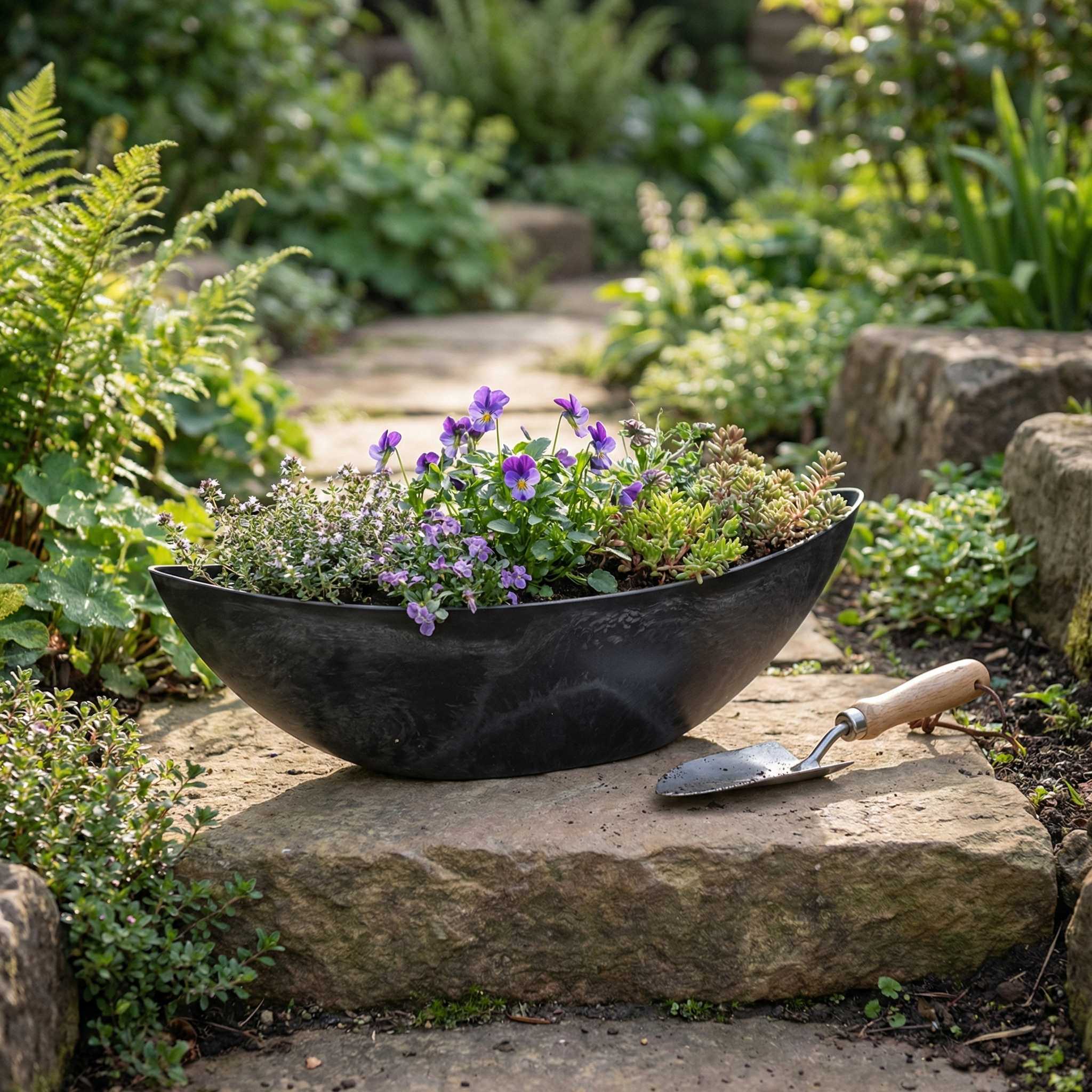 Pflanzschale „Boat“ aus recyceltem Kunststoff – Blumentopf länglich in Anthrazit oder Sand