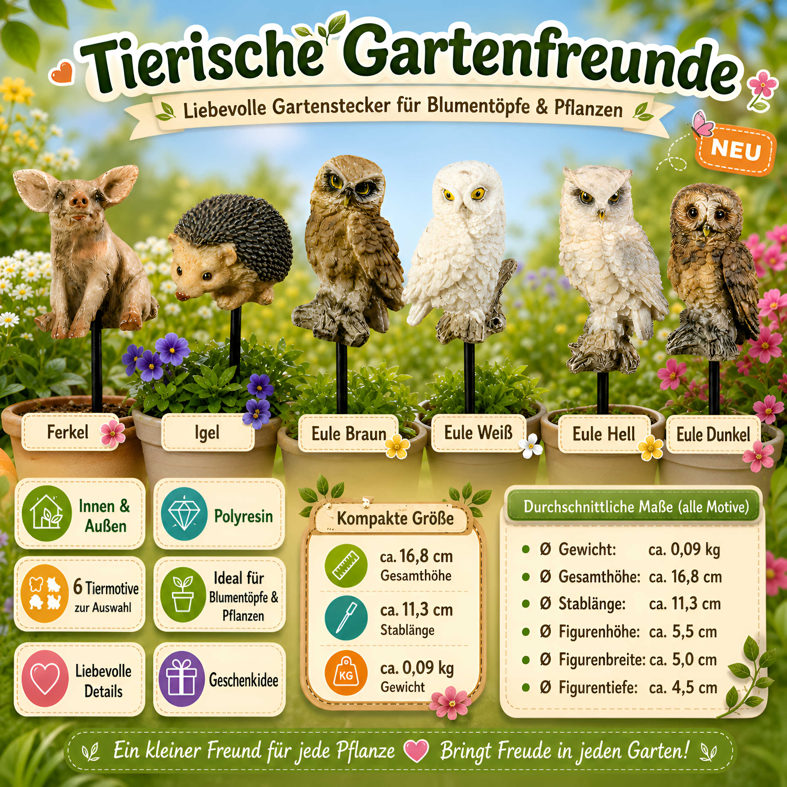 Blumenstecker Gartenstecker Pflanzenstecker Deko für Blumentopf und Beet 6 Tiermotive