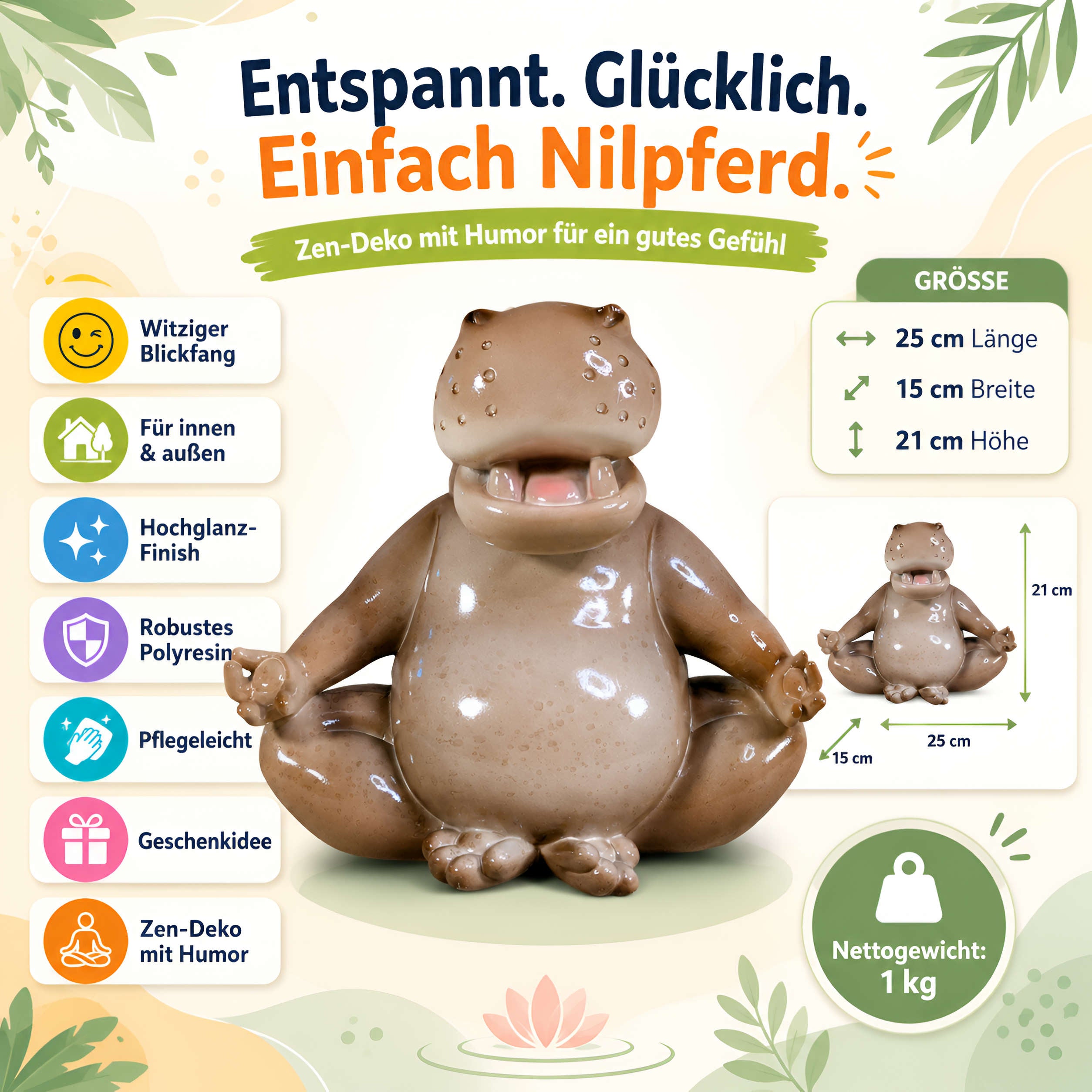 Yoga Nilpferd Figur glänzend sitzend & Stretch für innen und außen