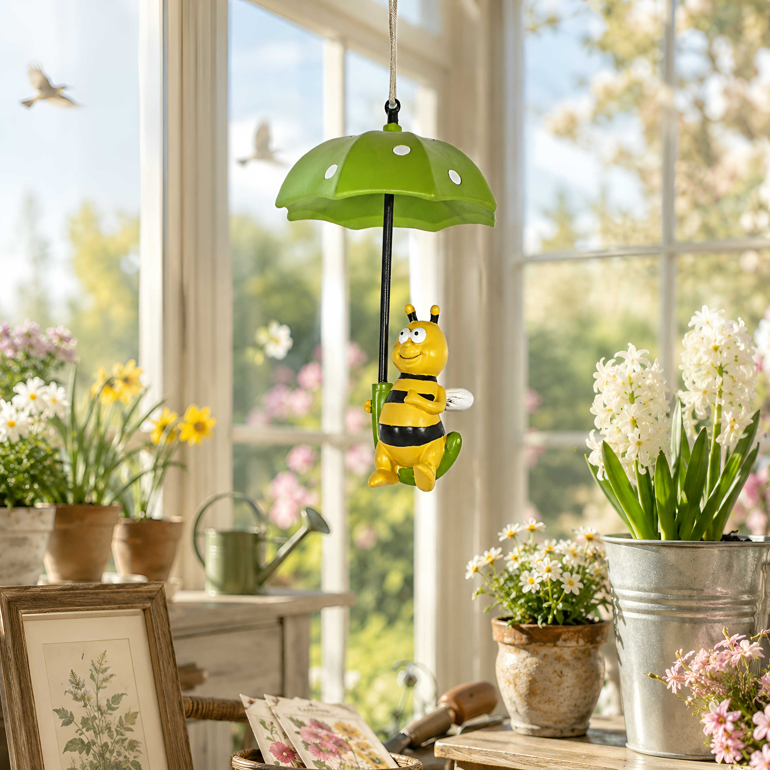 Hängedeko Tierfigur mit Regenschirm - Fenster Hängedeko für Garten mit Biene oder Hunde Figuren