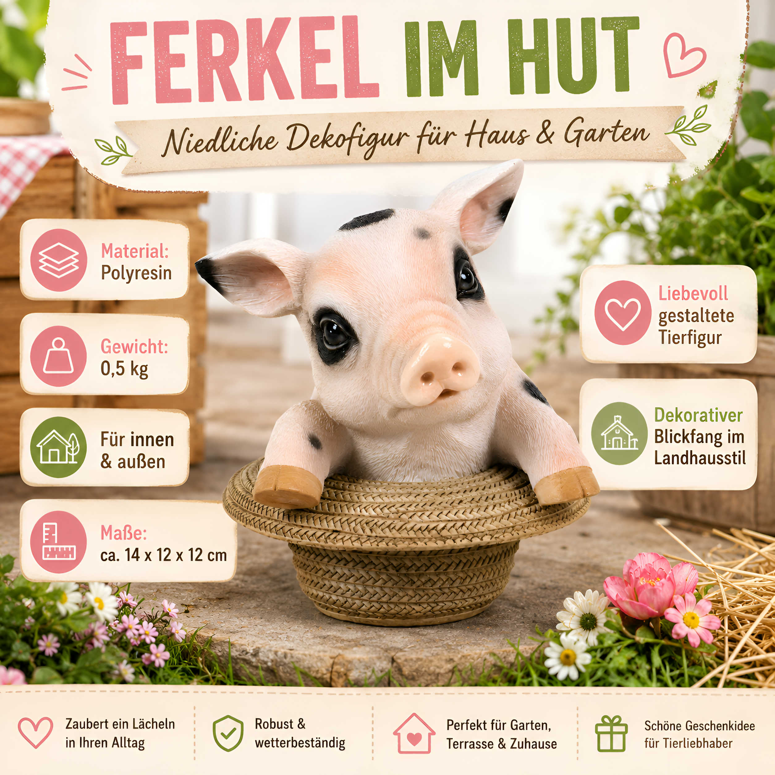 Schweine Figur Glücksschweinchen im Hut, niedliche Deko Schwein Figur für Haus & Garten