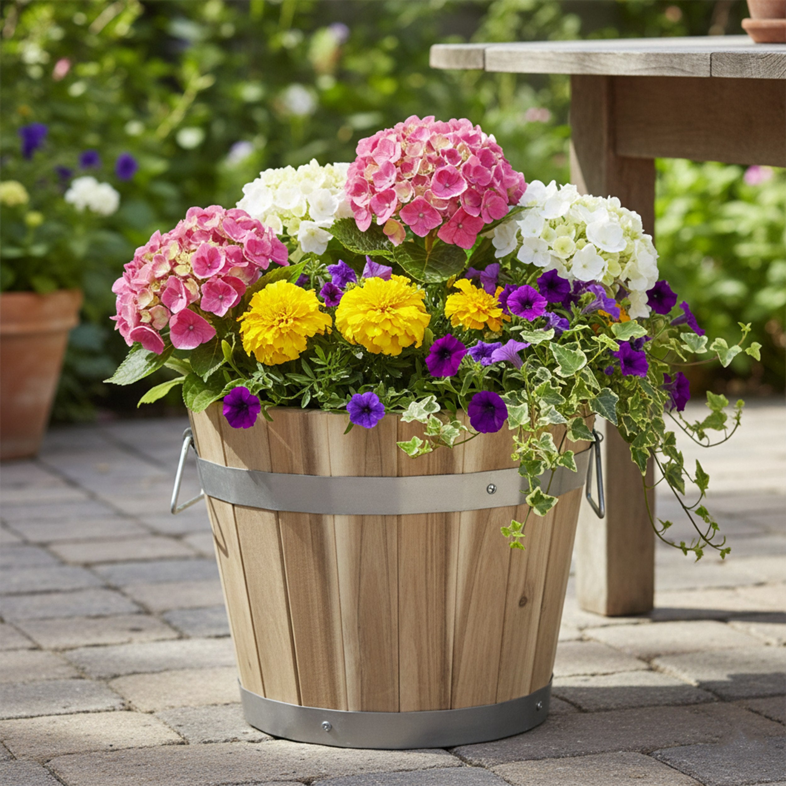 Pflanzkübel Holz mit Griffen | Pflanztopf rund FSC Akazienholz | Blumenkästen aus Holz | verschiedene Größen
