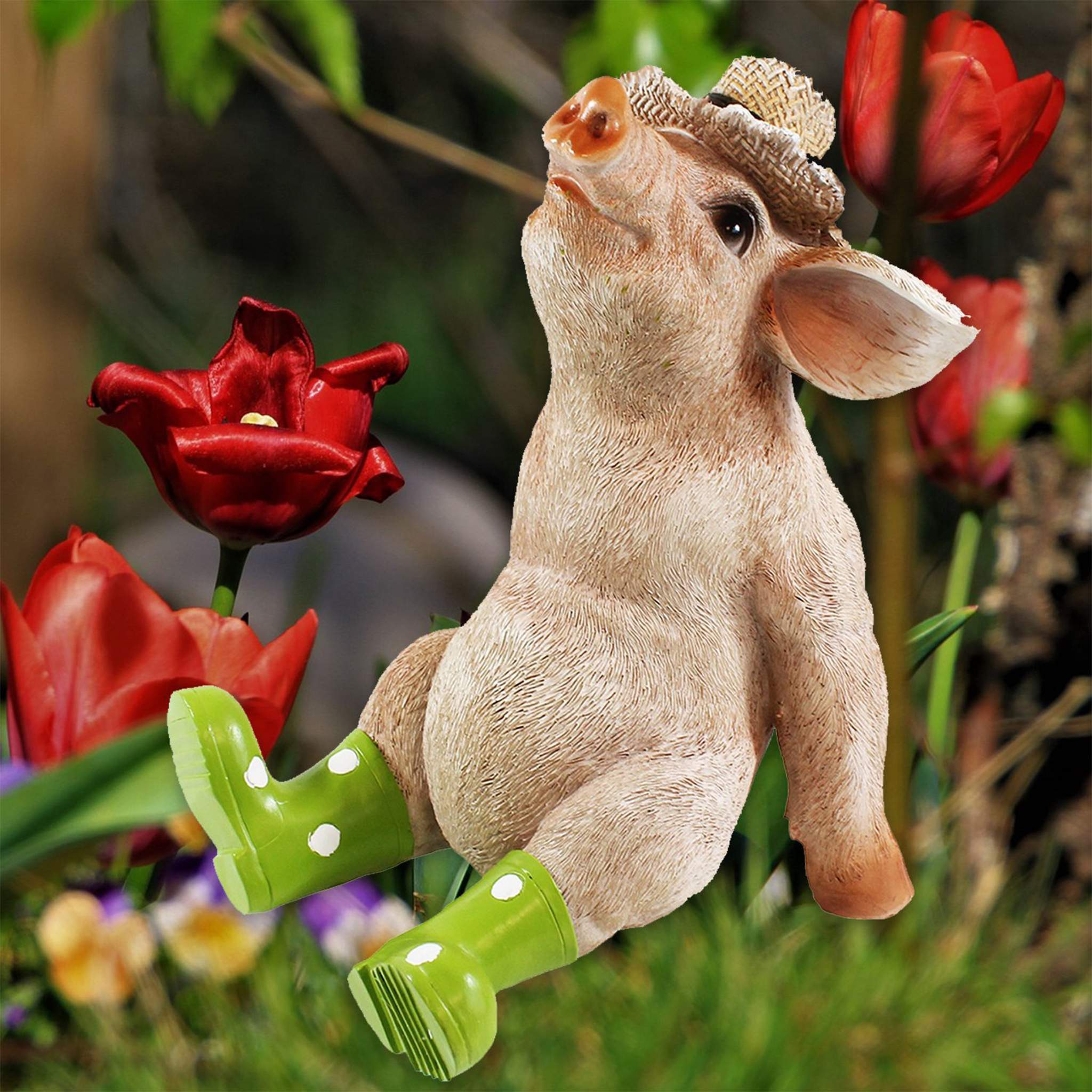 Deko Schwein Erich mit Hut und Stiefeln – lustige Schweine Figur wetterfest für Garten & Haus