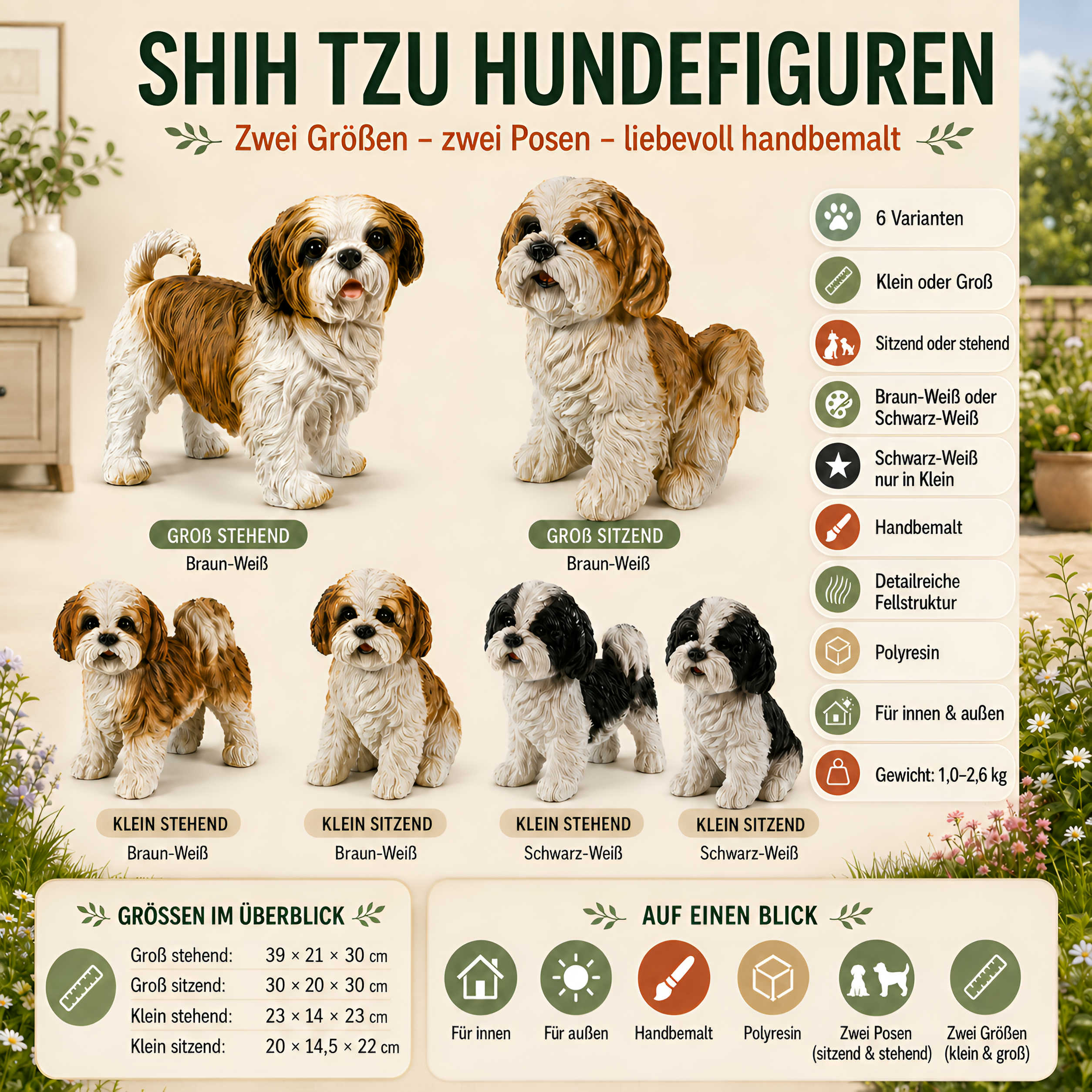 Shih Tzu Hundefigur lebensecht, Deko Hund für Haus & Garten in verschiedenen Größen, Farben & Posen