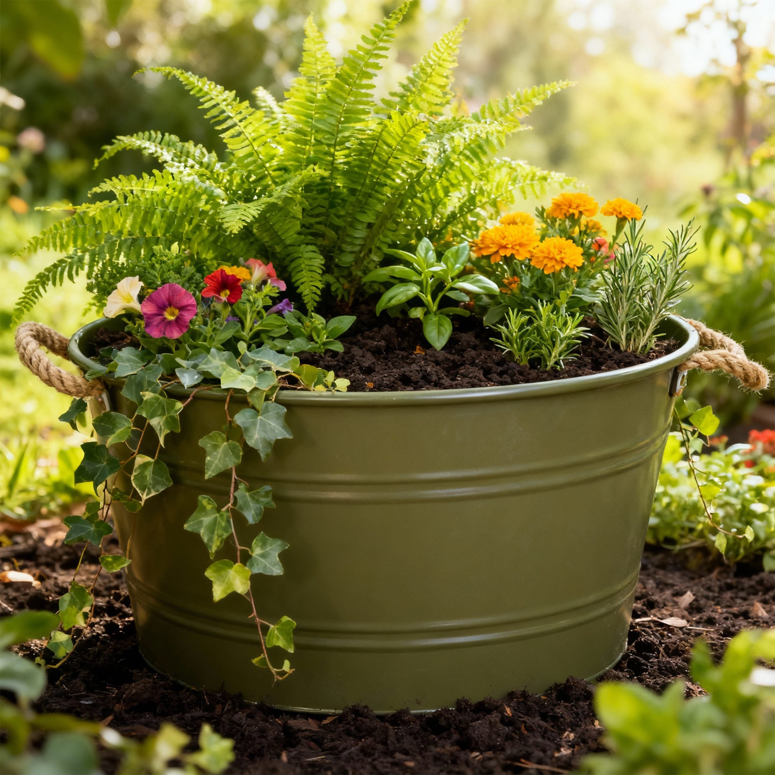 Pflanztopf "Beat" rund aus Metall mit Kordelgriffen | Dekorativer Blumentopf | Pflanzwanne robust & vielseitig in 4 Farben und Größen