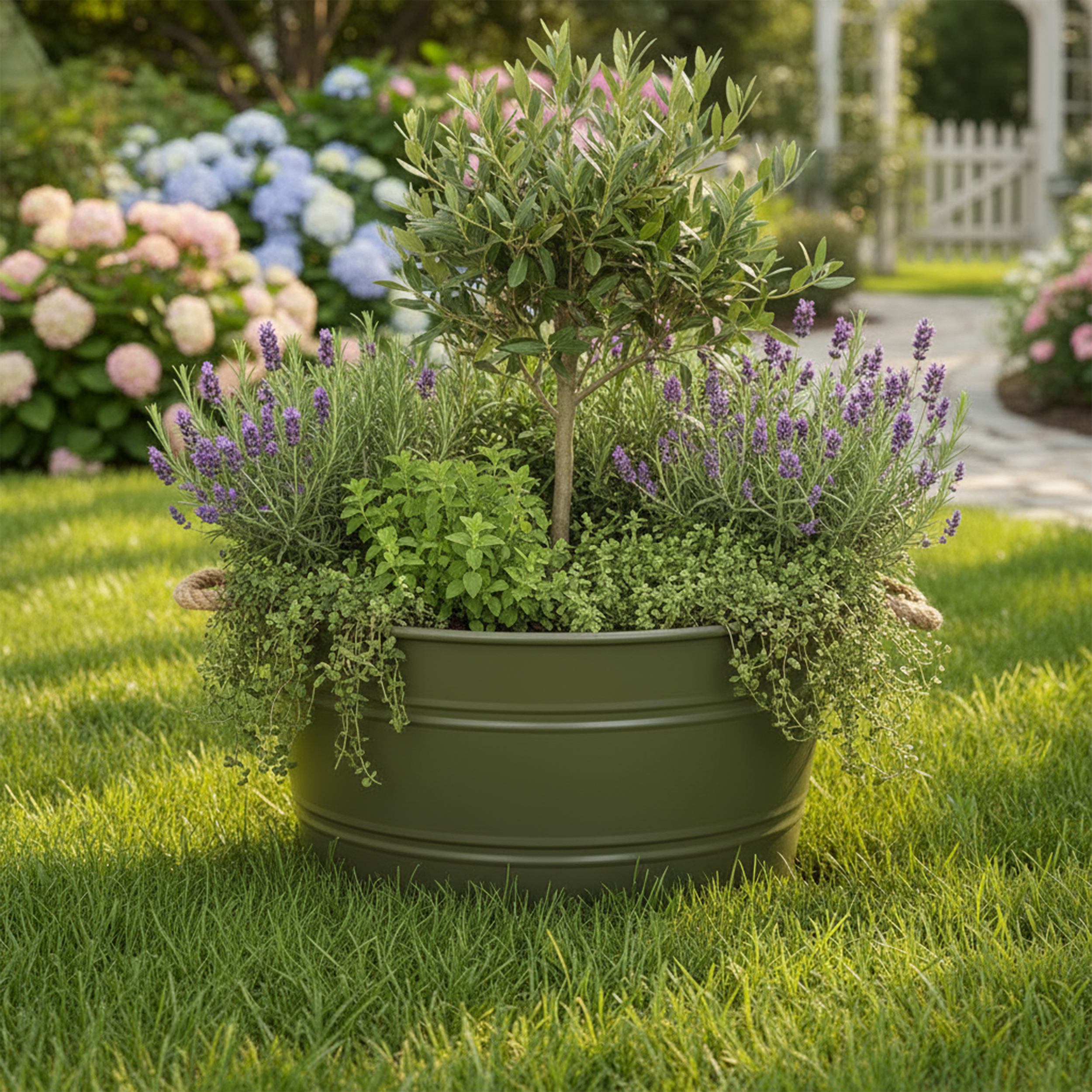 Pflanztopf "Beat" rund aus Metall mit Kordelgriffen | Dekorativer Blumentopf | Pflanzwanne robust & vielseitig in 4 Farben und Größen