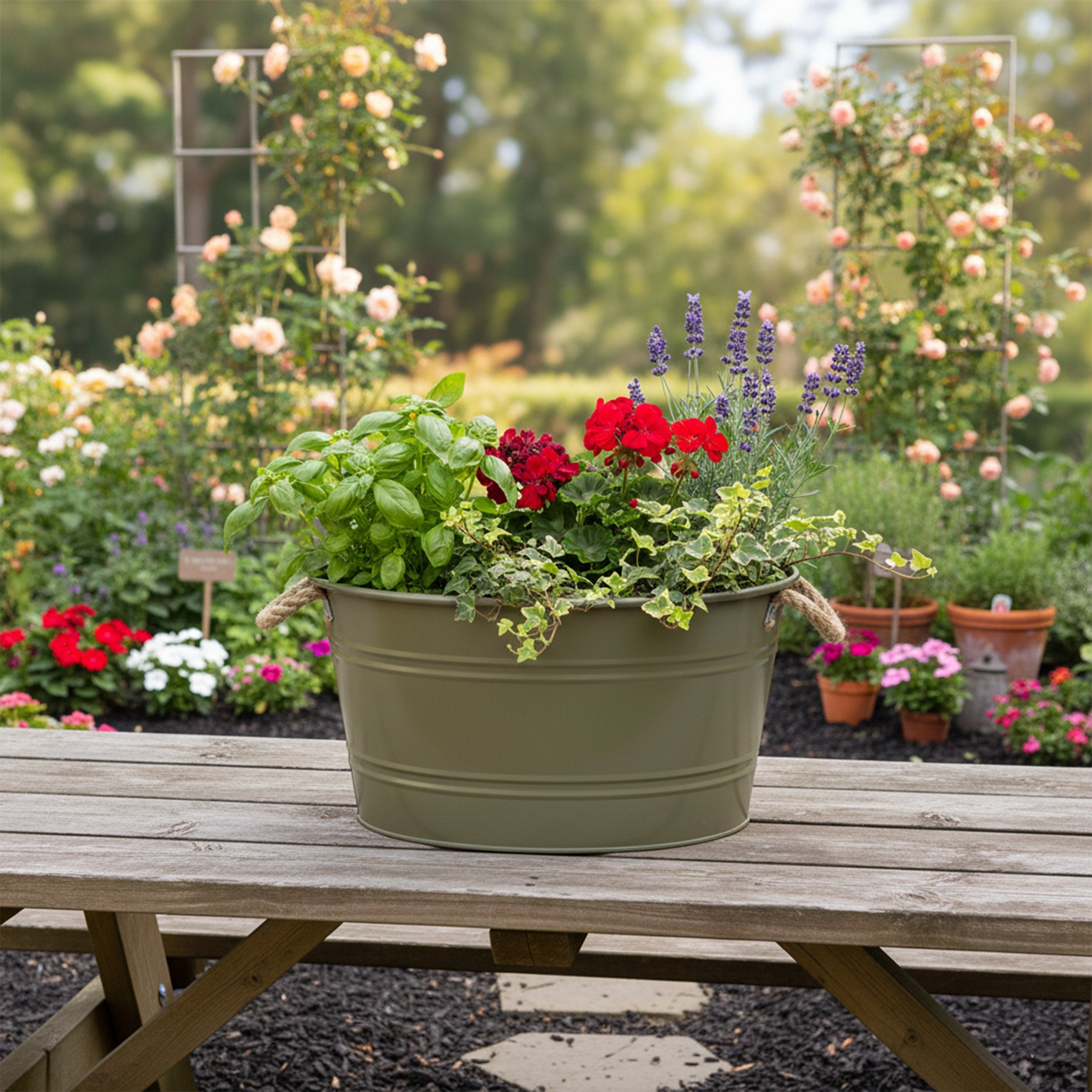 Pflanztopf "Beat" rund aus Metall mit Kordelgriffen | Dekorativer Blumentopf | Pflanzwanne robust & vielseitig in 4 Farben und Größen