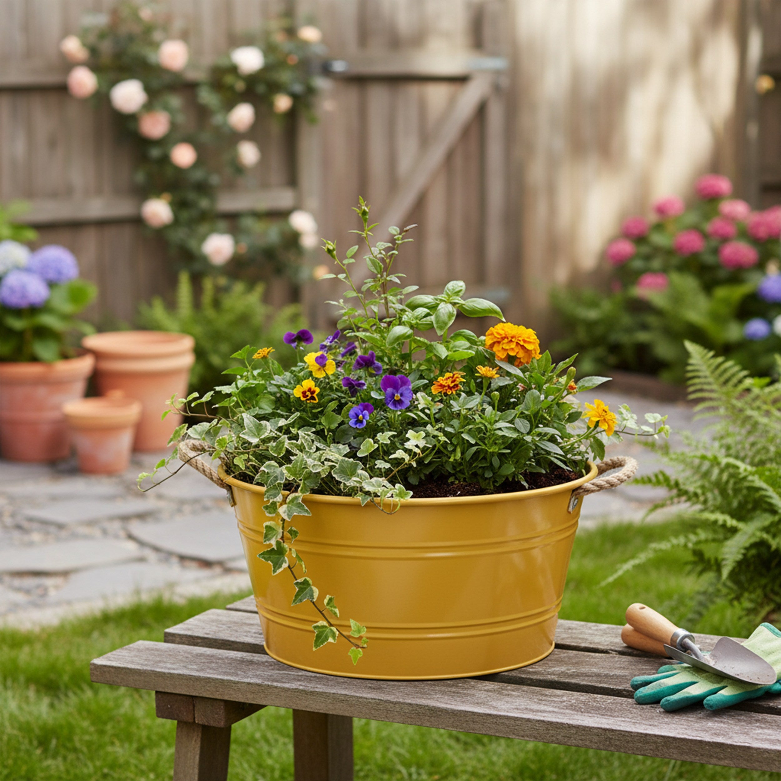 Pflanztopf "Beat" rund aus Metall mit Kordelgriffen | Dekorativer Blumentopf | Pflanzwanne robust & vielseitig in 4 Farben und Größen
