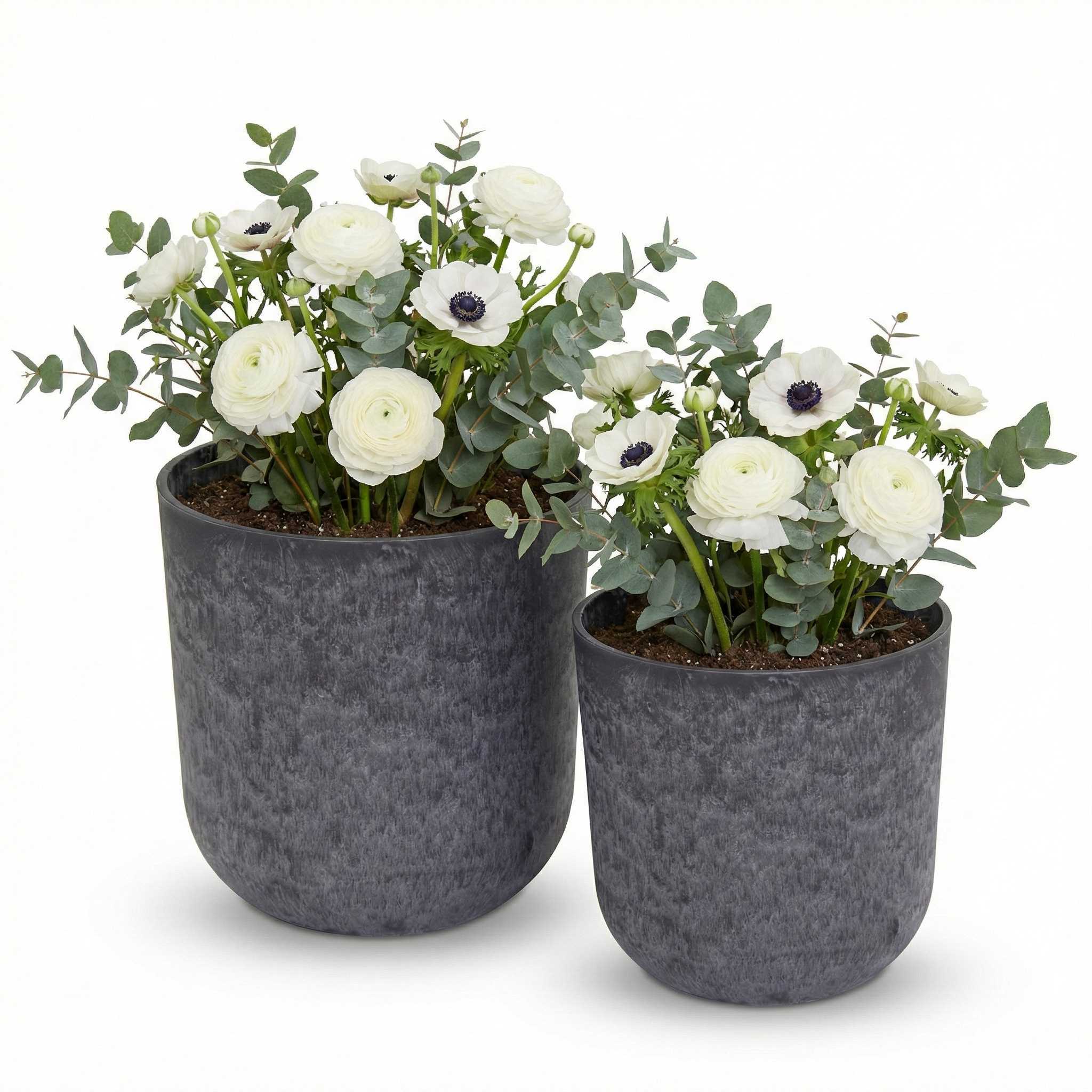 Pflanztopf Set „Egg“ Serie Stone – Blumentöpfe rund aus recyceltem Kunststoff Anthrazit oder Sand