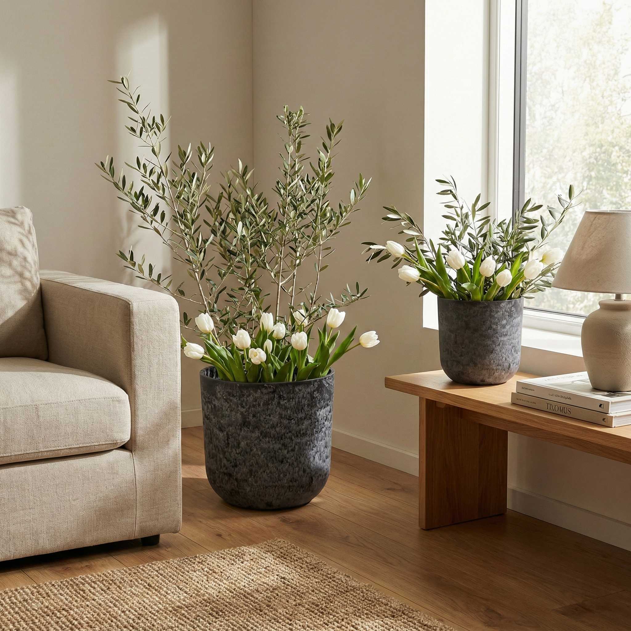 Pflanztopf Set „Egg“ Serie Stone – Blumentöpfe rund aus recyceltem Kunststoff Anthrazit oder Sand