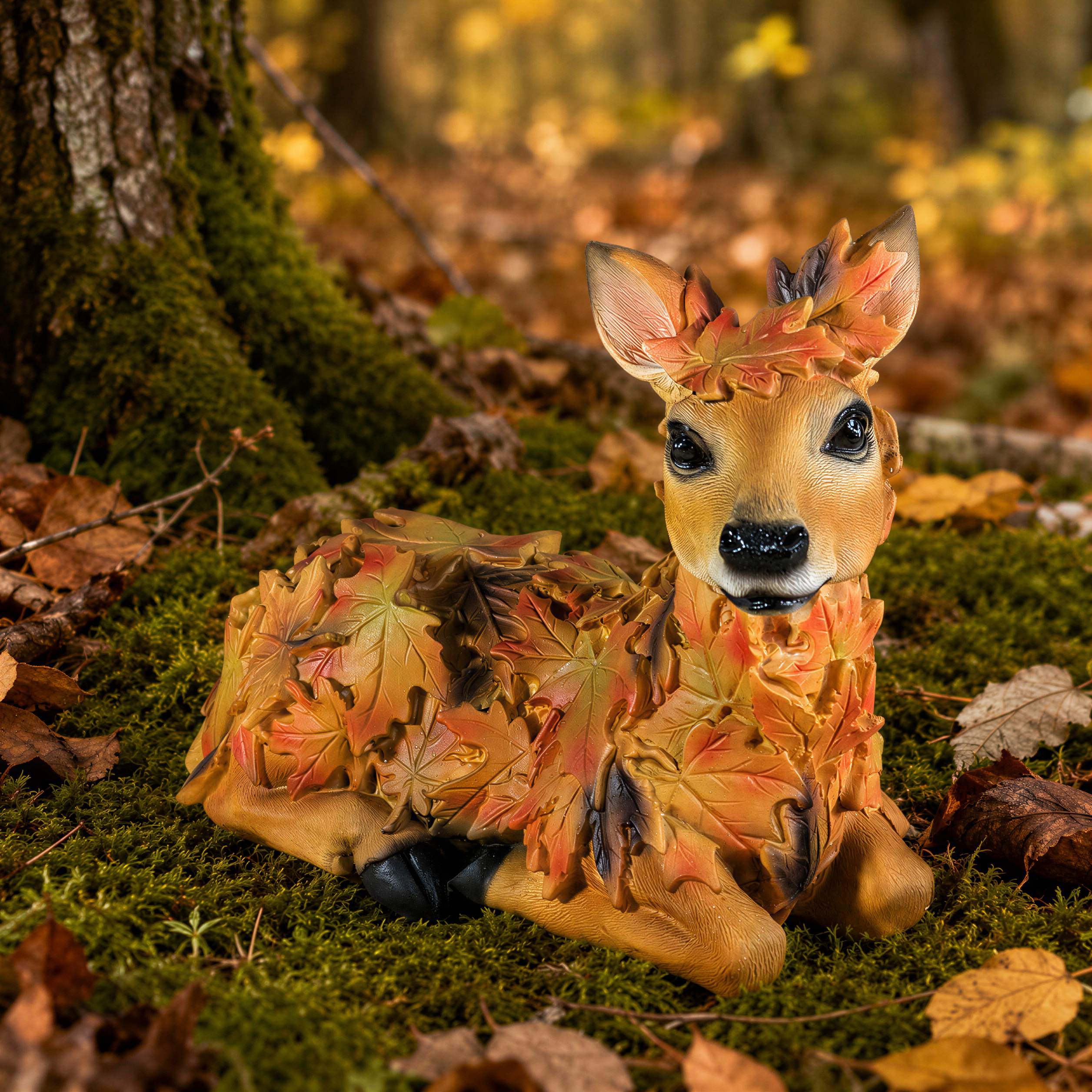 Tierfiguren Eule Reh Igel Eichhörnchen Figur mit Blätterdeko für Haus und Garten