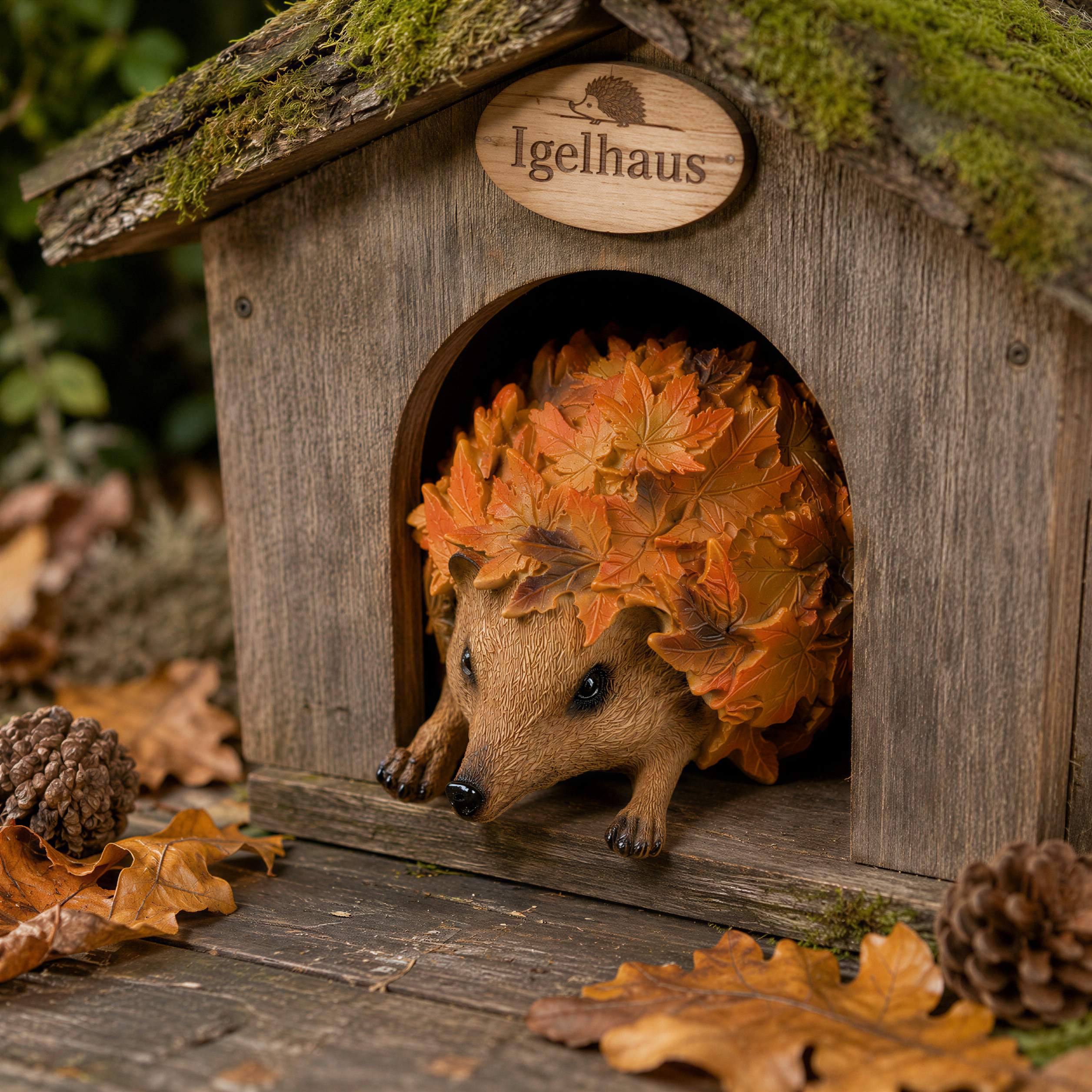 Tierfiguren Eule Reh Igel Eichhörnchen Figur mit Blätterdeko für Haus und Garten