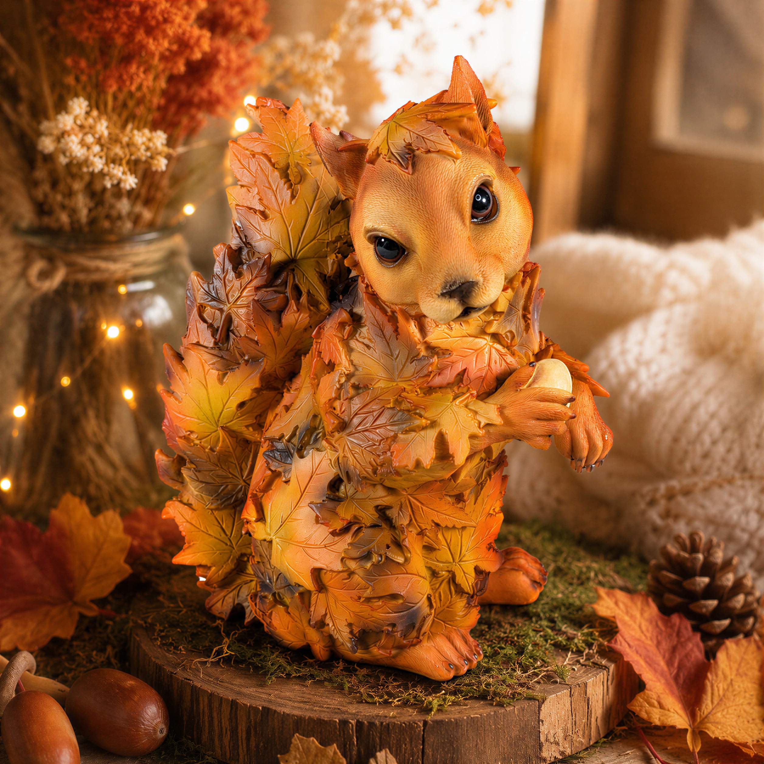 Tierfiguren Eule Reh Igel Eichhörnchen Figur mit Blätterdeko für Haus und Garten