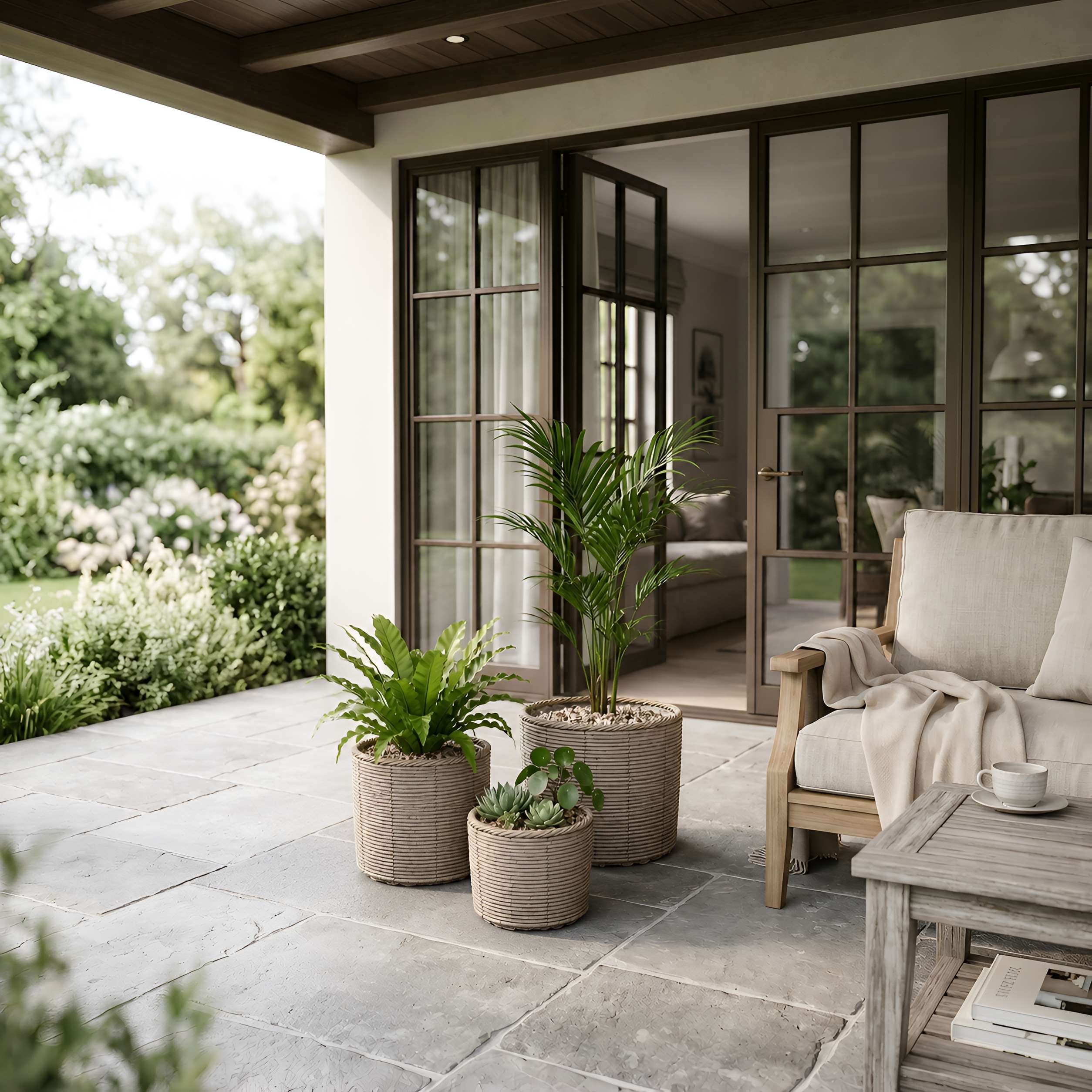Blumentopf groß Rattan 3er Set Modell Gala, Pflanzkübel Indoor Übertopf Naturgrau