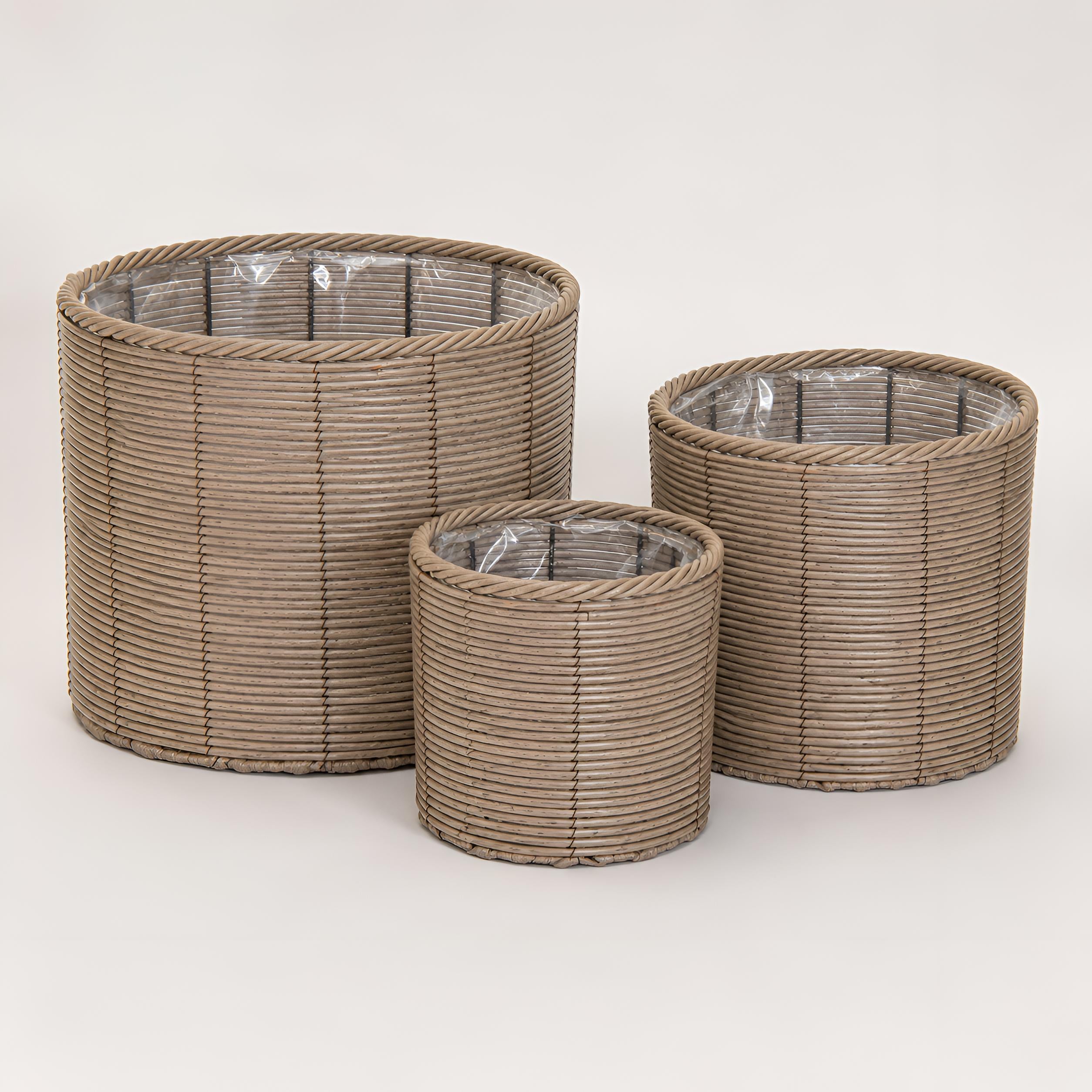 Blumentopf groß Rattan 3er Set Modell Gala, Pflanzkübel Indoor Übertopf Naturgrau
