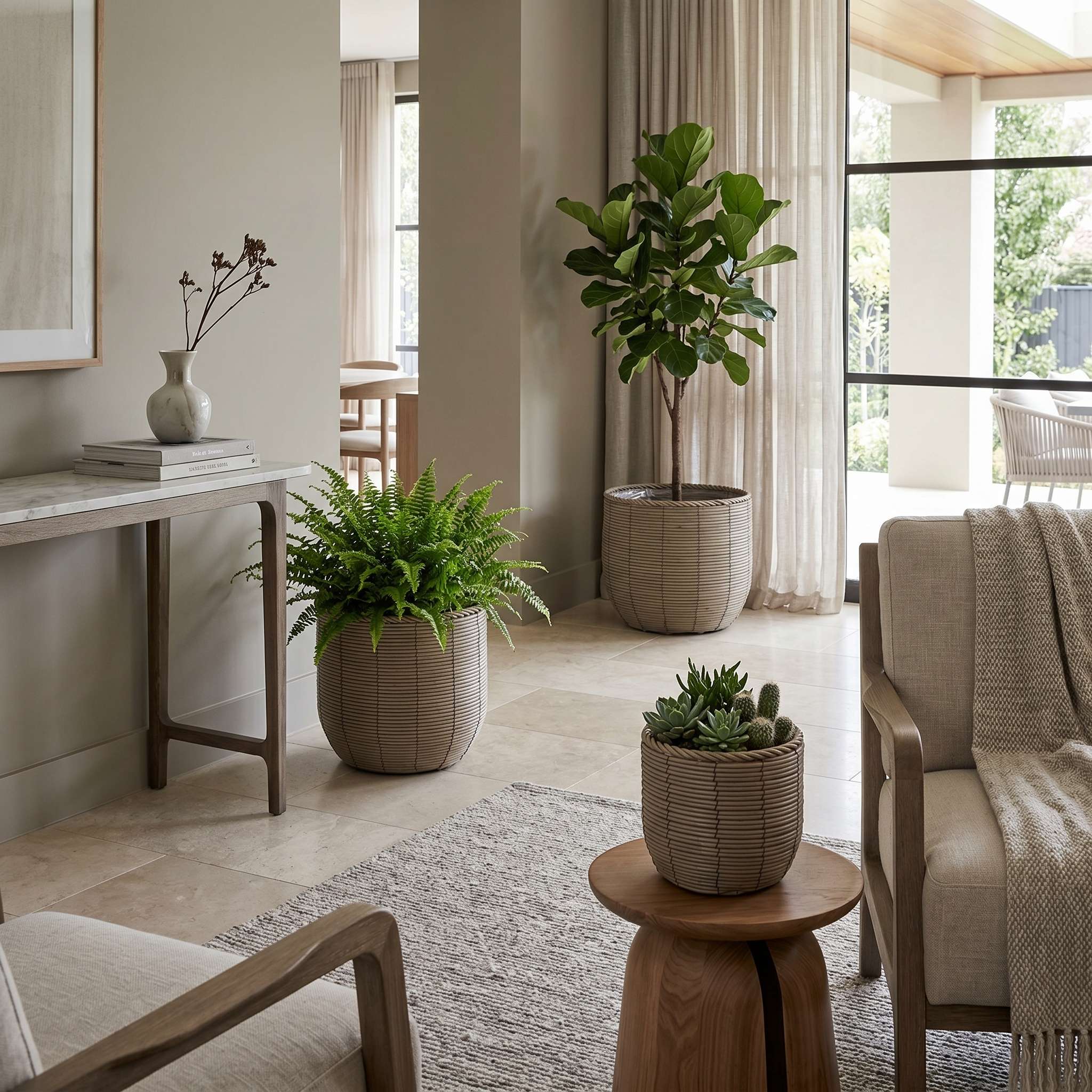 Blumentopf groß Rattan 3er Set Modell Gala, Pflanzkübel Indoor Übertopf Naturgrau