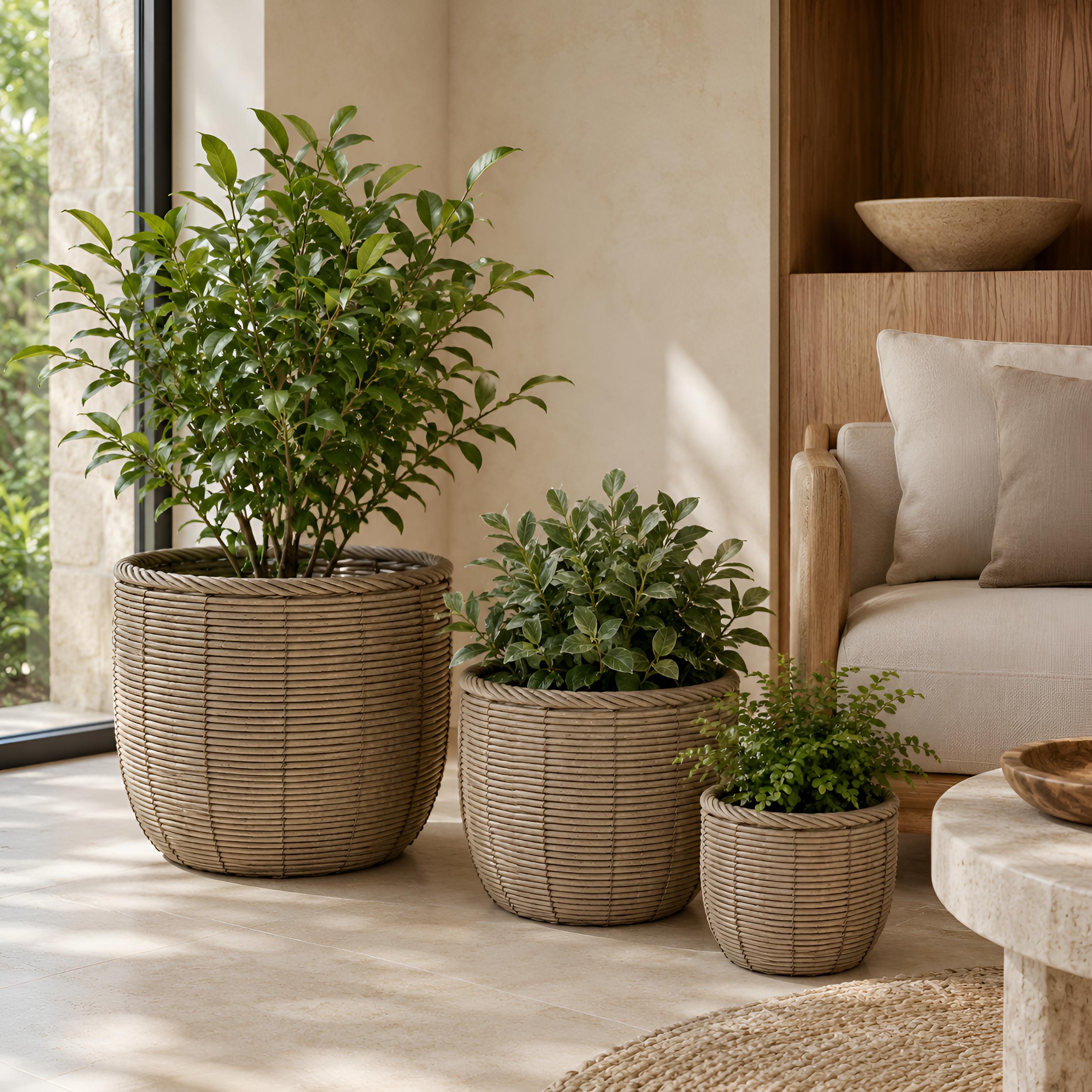 Blumentopf groß Rattan 3er Set Modell Gala, Pflanzkübel Indoor Übertopf Naturgrau
