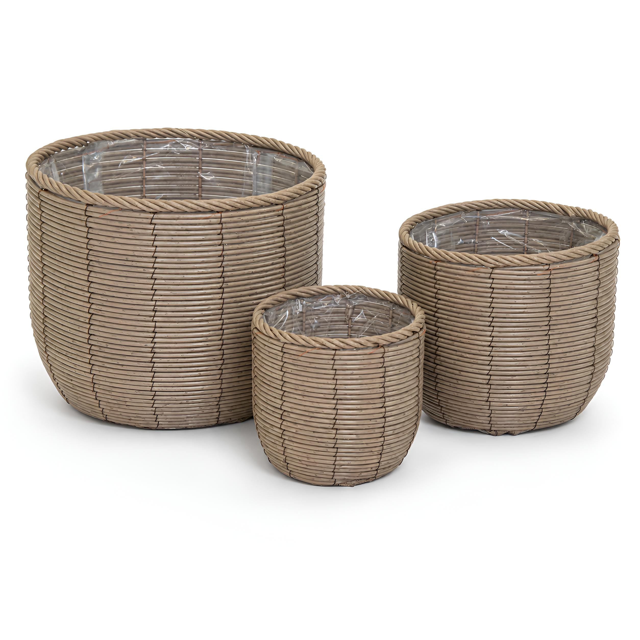 Blumentopf groß Rattan 3er Set Modell Gala, Pflanzkübel Indoor Übertopf Naturgrau