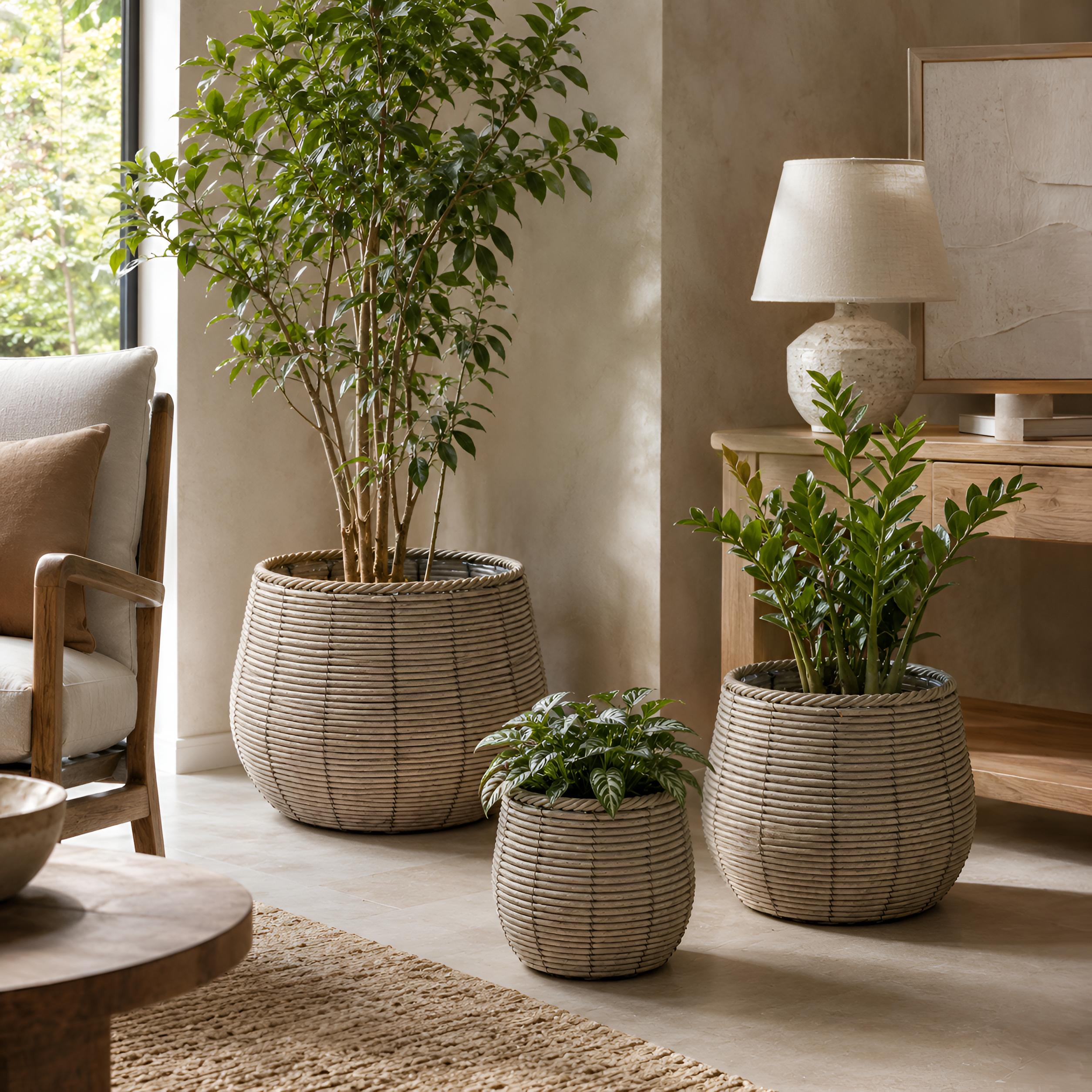 Blumentopf groß Rattan 3er Set Modell Gala, Pflanzkübel Indoor Übertopf Naturgrau