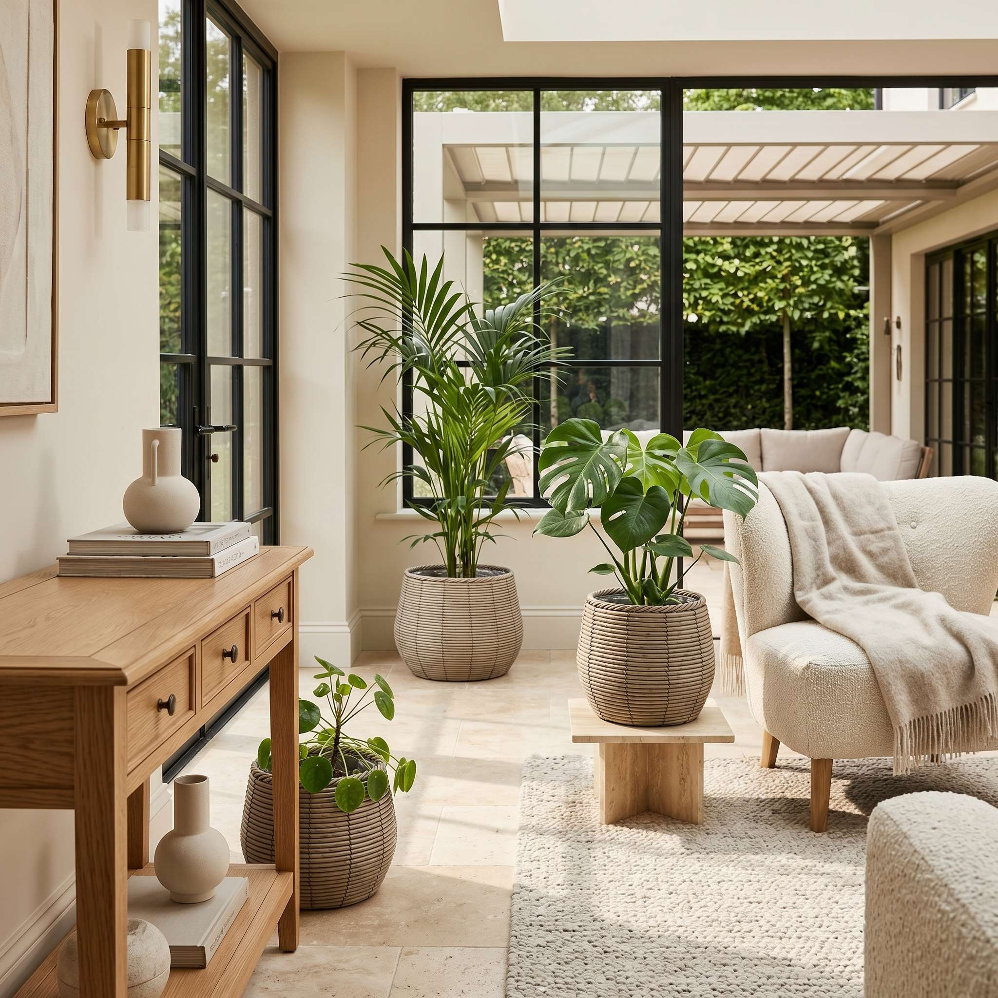 Blumentopf groß Rattan 3er Set Modell Gala, Pflanzkübel Indoor Übertopf Naturgrau