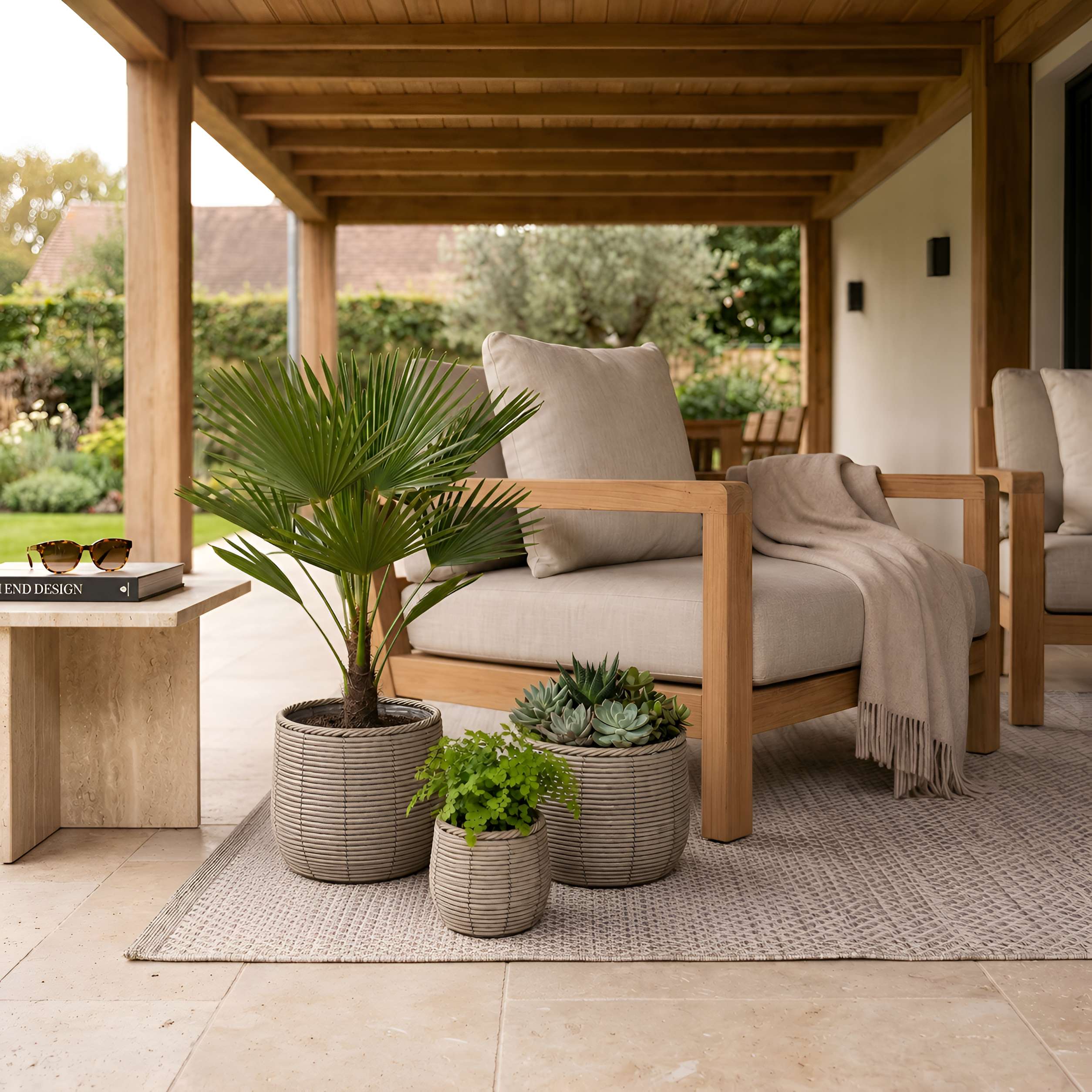 Blumentopf groß Rattan 3er Set Modell Gala, Pflanzkübel Indoor Übertopf Naturgrau