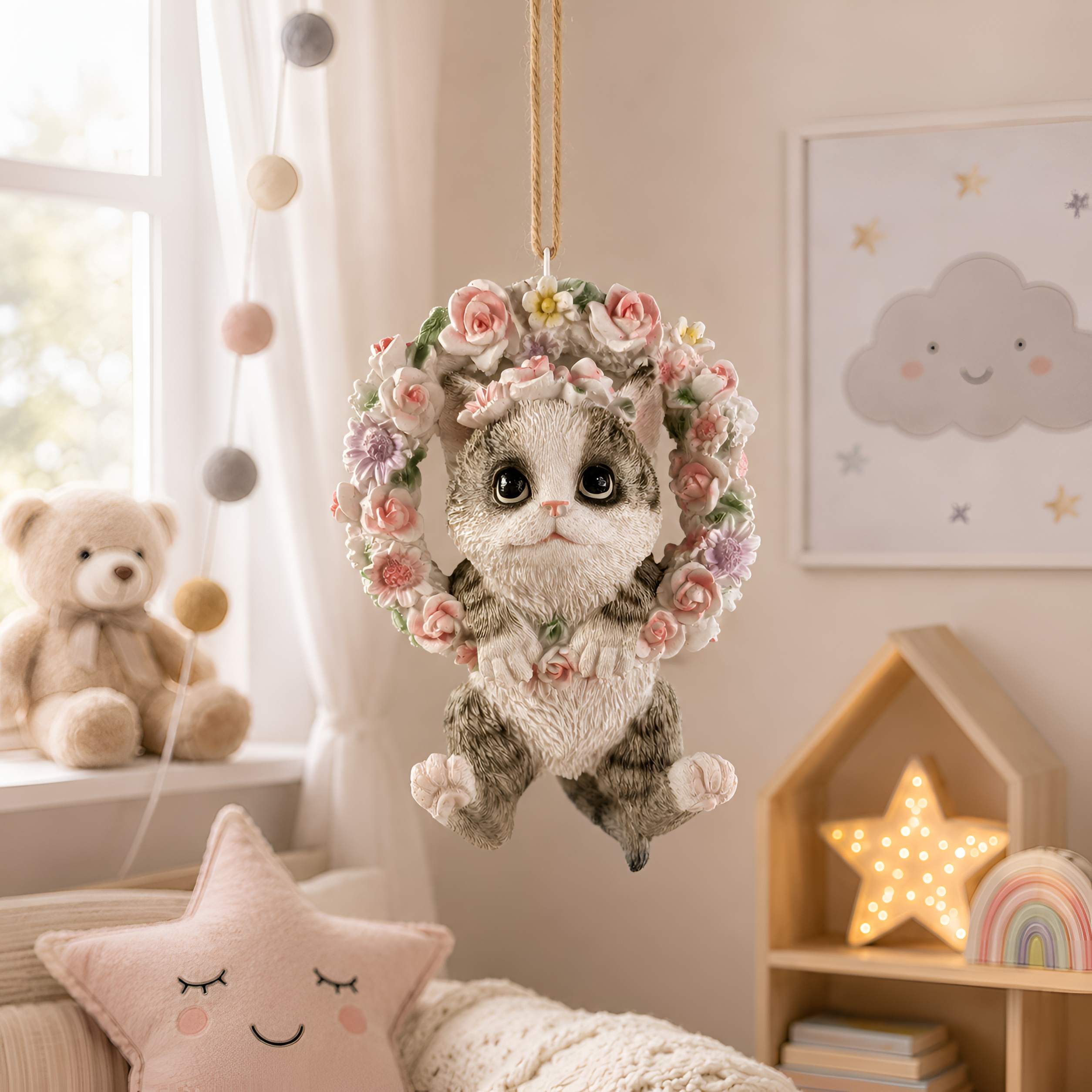 Hängedeko Hund oder Katze im Blumenkranz - Fenster Hängedeko Garten Hänge Deko Ast Katzenfigur Hundefigur