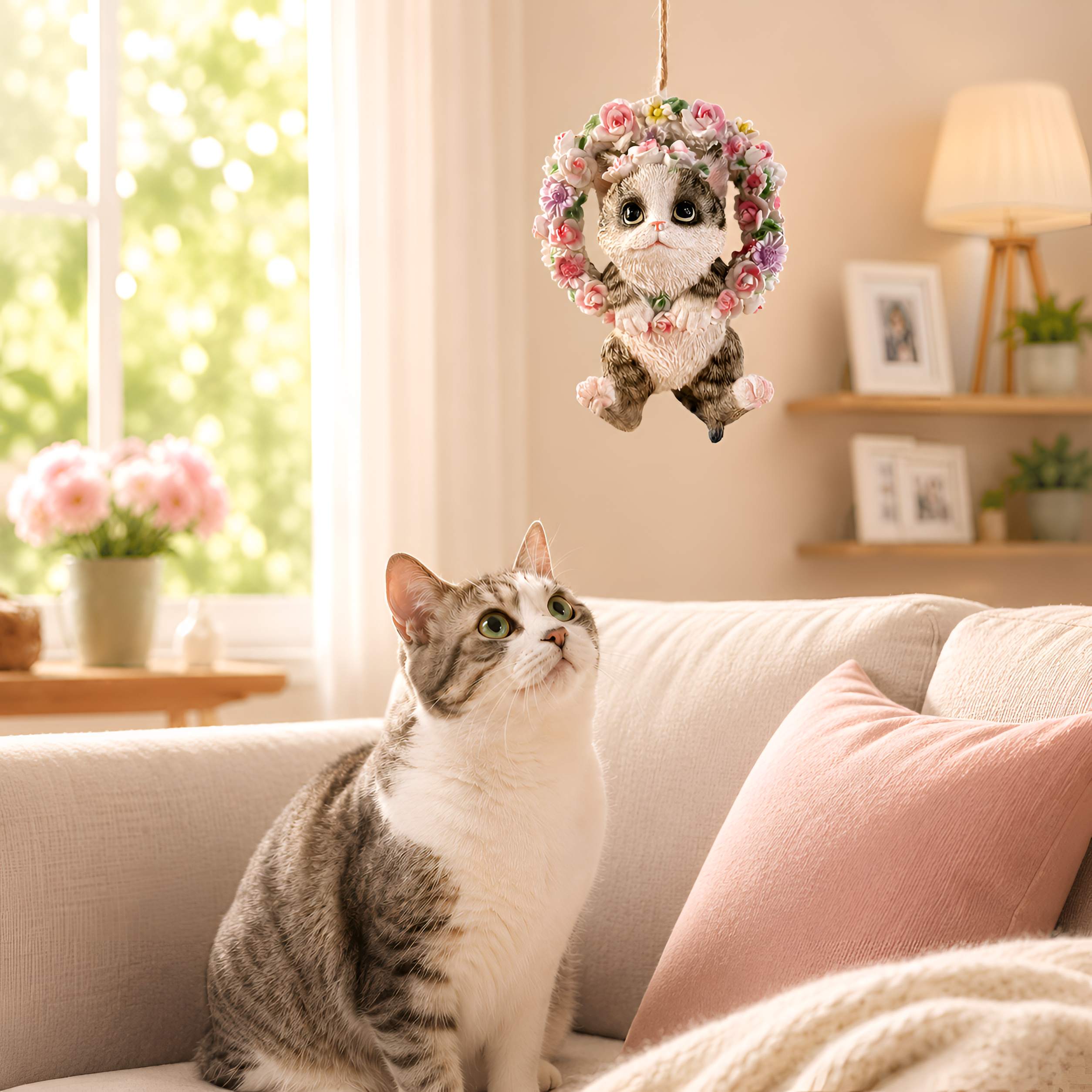 Hängedeko Hund oder Katze im Blumenkranz - Fenster Hängedeko Garten Hänge Deko Ast Katzenfigur Hundefigur