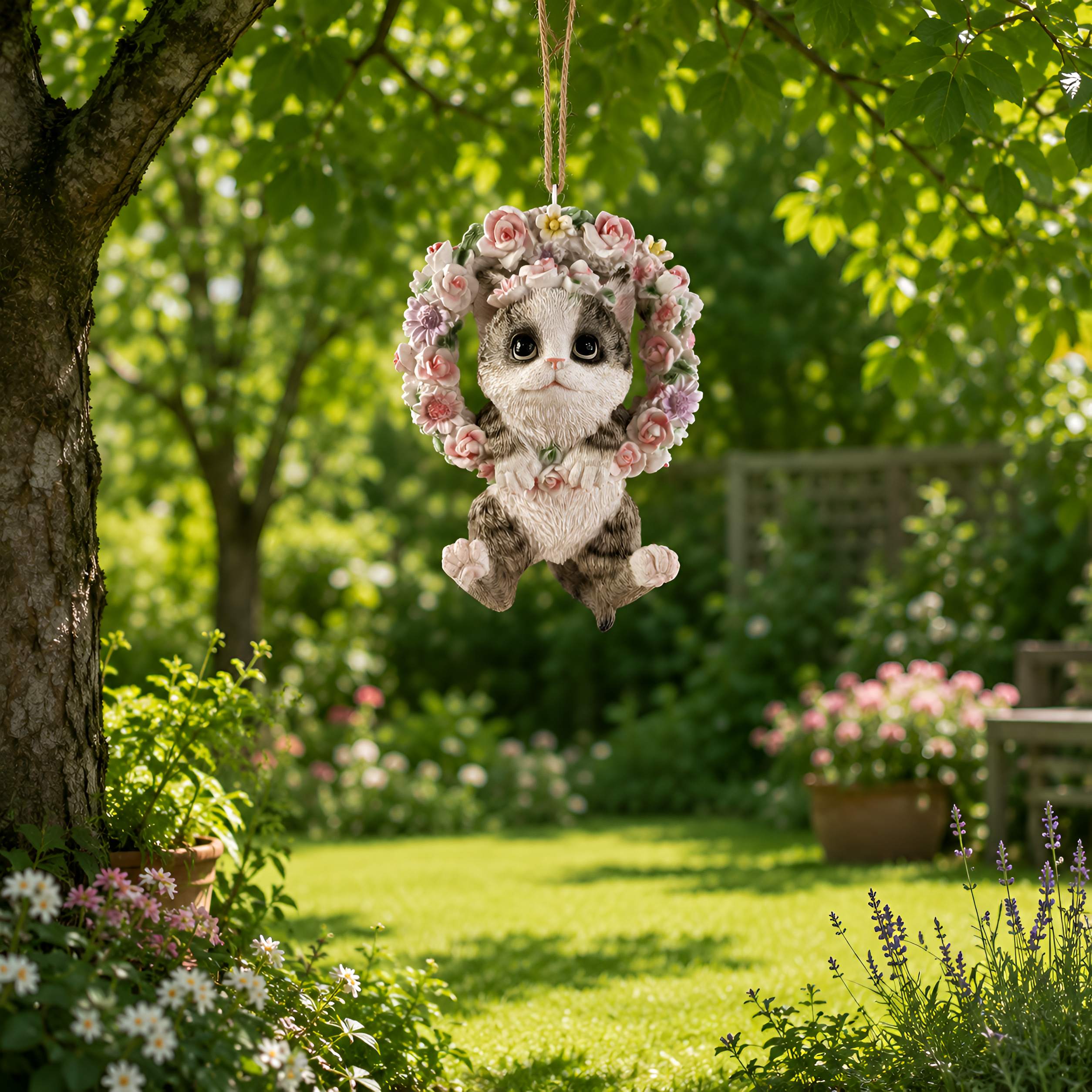Hängedeko Hund oder Katze im Blumenkranz - Fenster Hängedeko Garten Hänge Deko Ast Katzenfigur Hundefigur