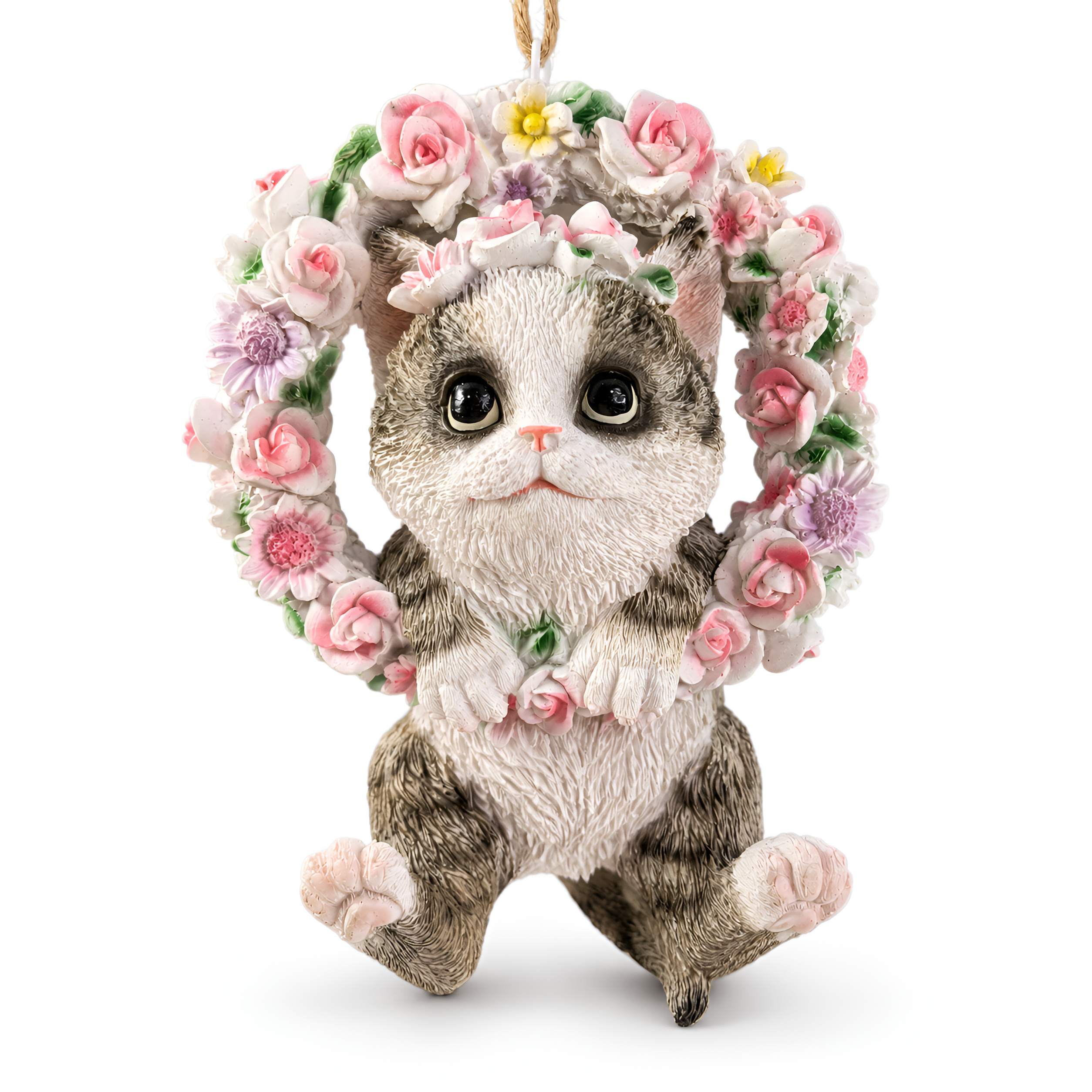 Hängedeko Hund oder Katze im Blumenkranz - Fenster Hängedeko Garten Hänge Deko Ast Katzenfigur Hundefigur