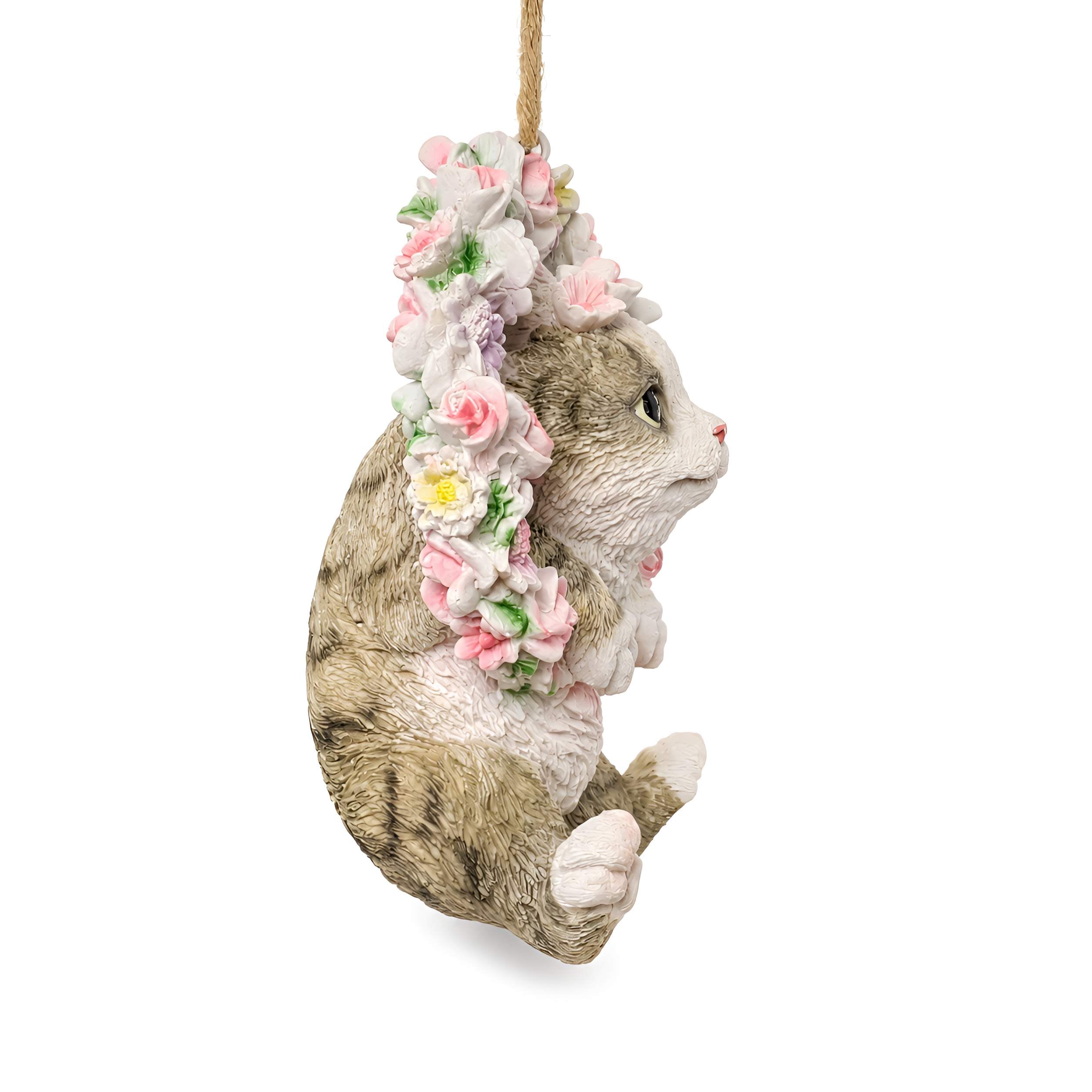 Hängedeko Hund oder Katze im Blumenkranz - Fenster Hängedeko Garten Hänge Deko Ast Katzenfigur Hundefigur