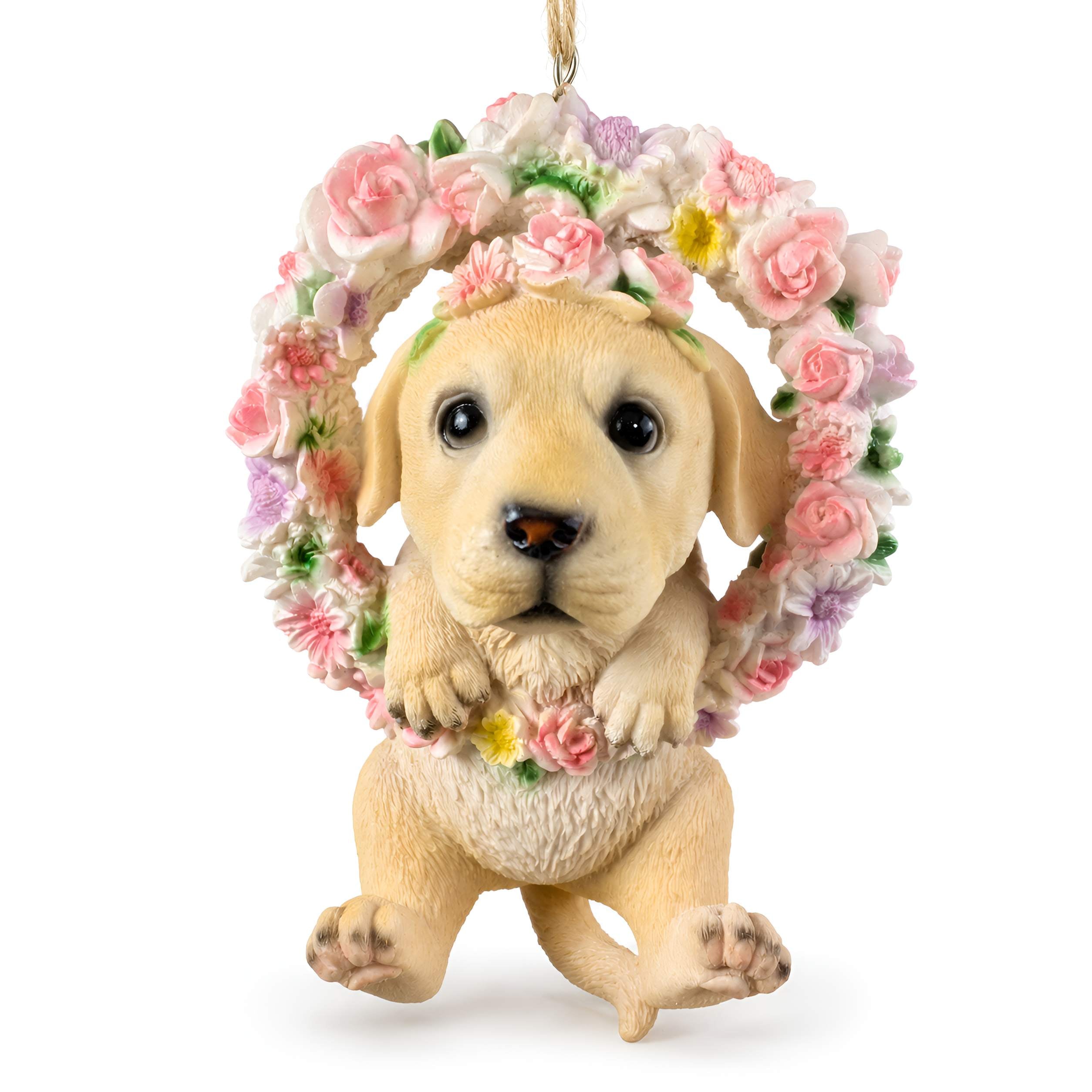 Hängedeko Hund oder Katze im Blumenkranz - Fenster Hängedeko Garten Hänge Deko Ast Katzenfigur Hundefigur
