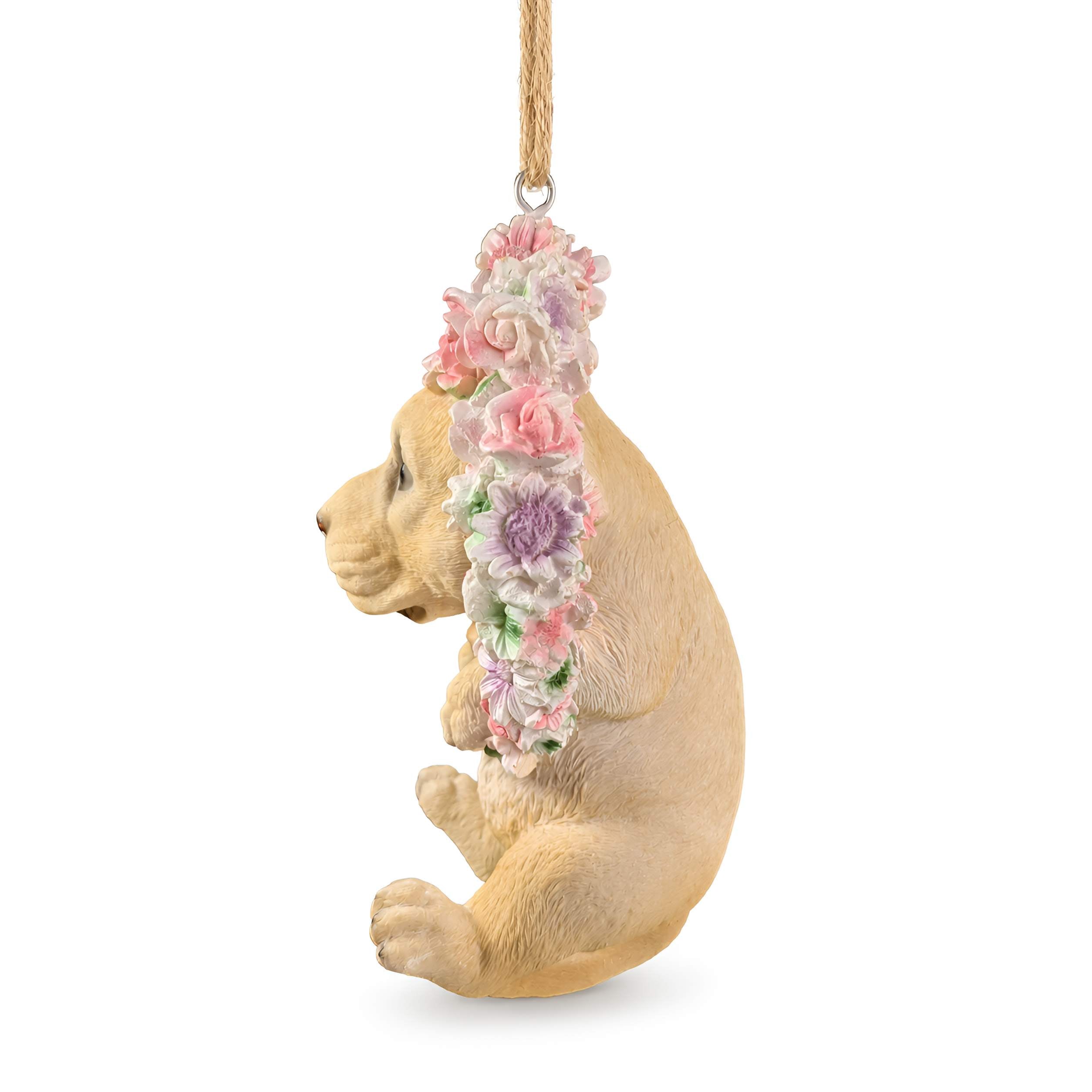 Hängedeko Hund oder Katze im Blumenkranz - Fenster Hängedeko Garten Hänge Deko Ast Katzenfigur Hundefigur