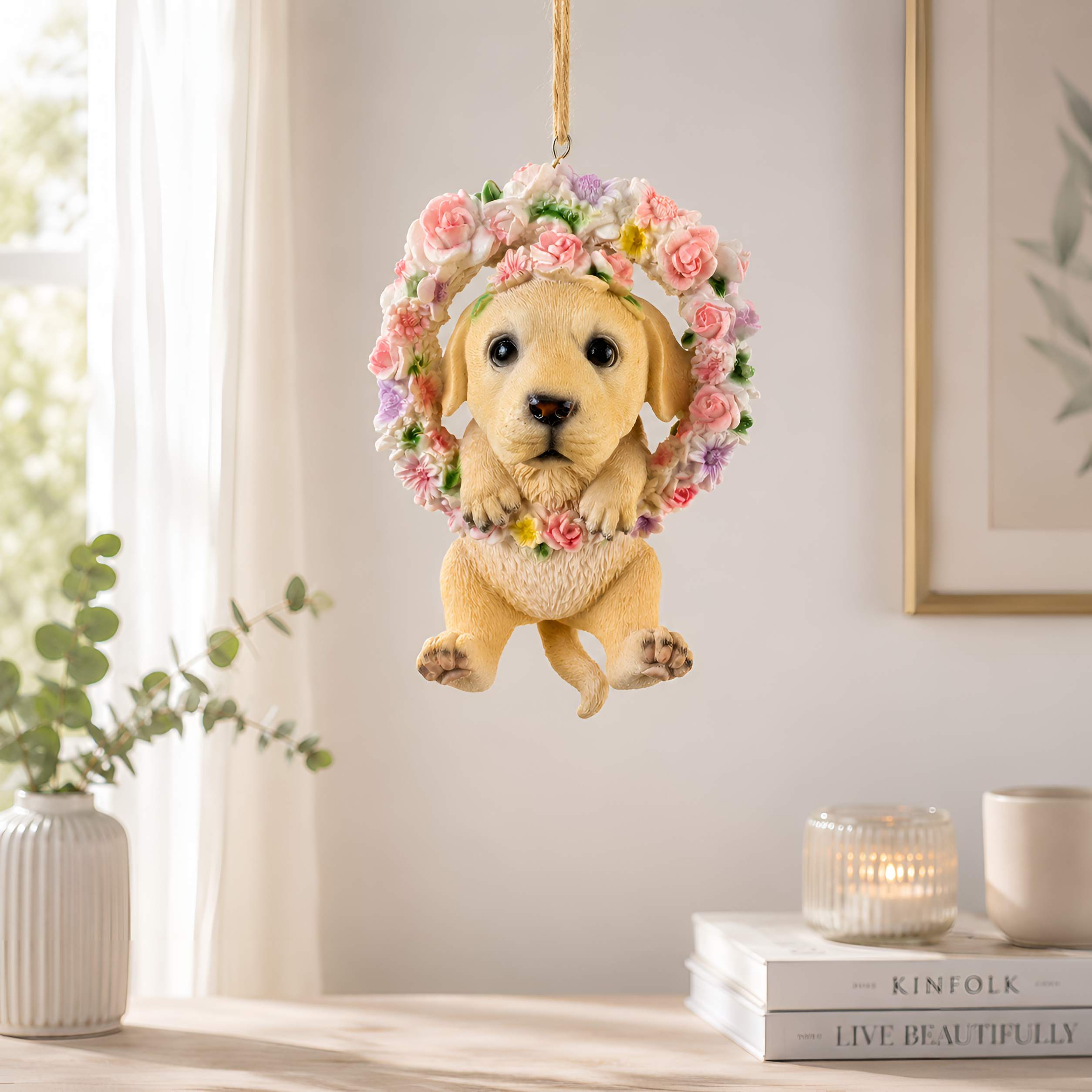 Hängedeko Hund oder Katze im Blumenkranz - Fenster Hängedeko Garten Hänge Deko Ast Katzenfigur Hundefigur