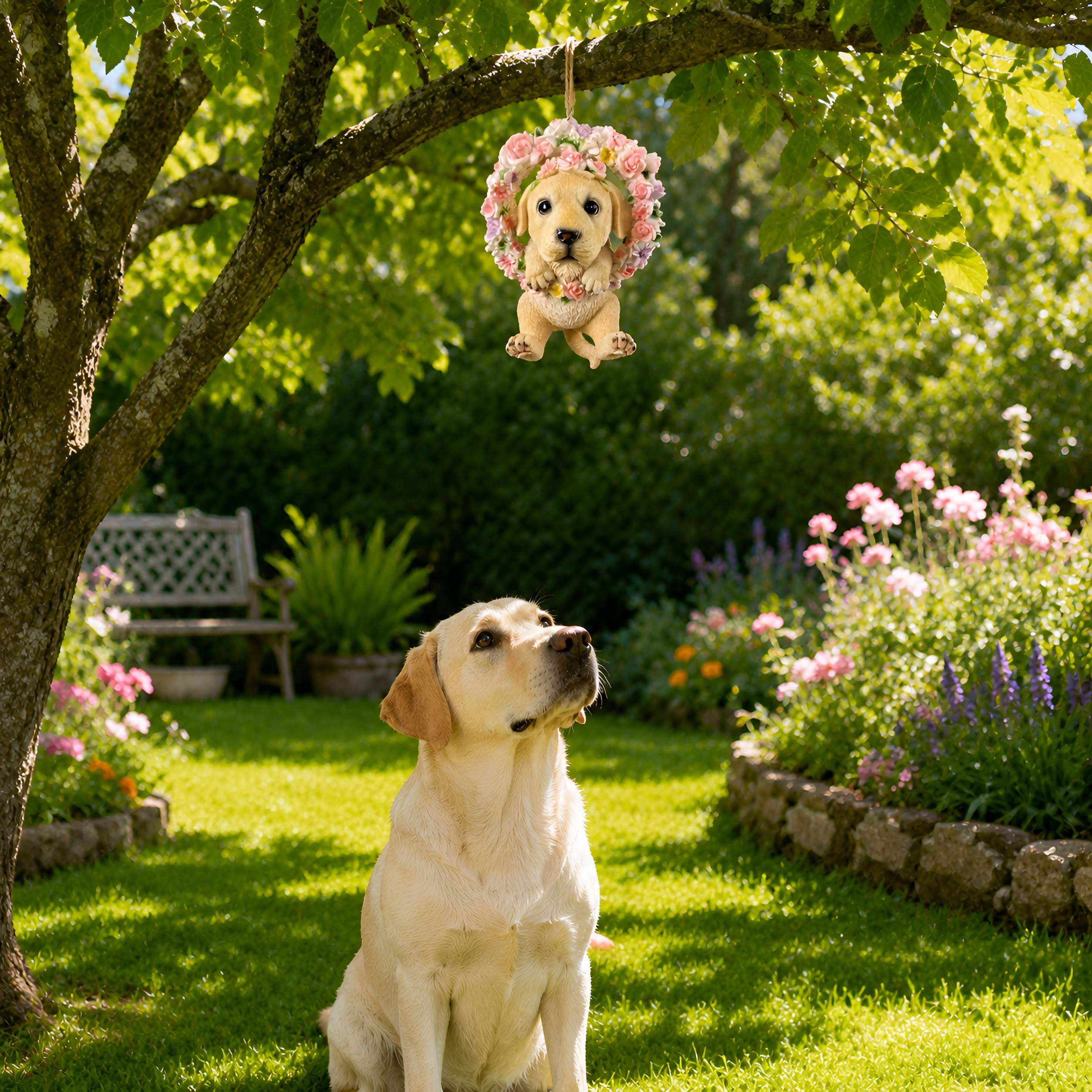 Hängedeko Hund oder Katze im Blumenkranz - Fenster Hängedeko Garten Hänge Deko Ast Katzenfigur Hundefigur