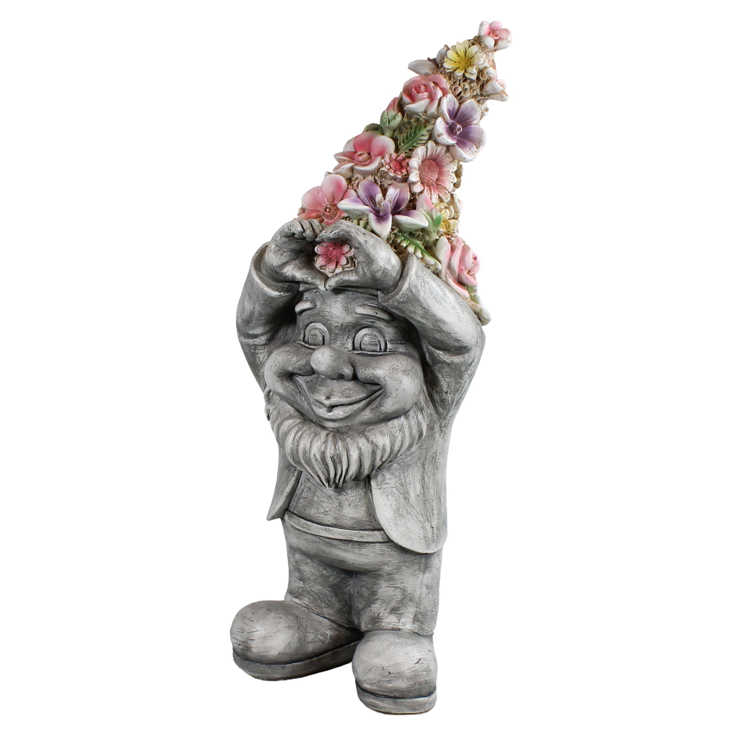 Gartenzwerg mit Herzhänden & Blumenmütze – Gartenfigur Blumenzwerg, handbemalt, verschiedene Größen