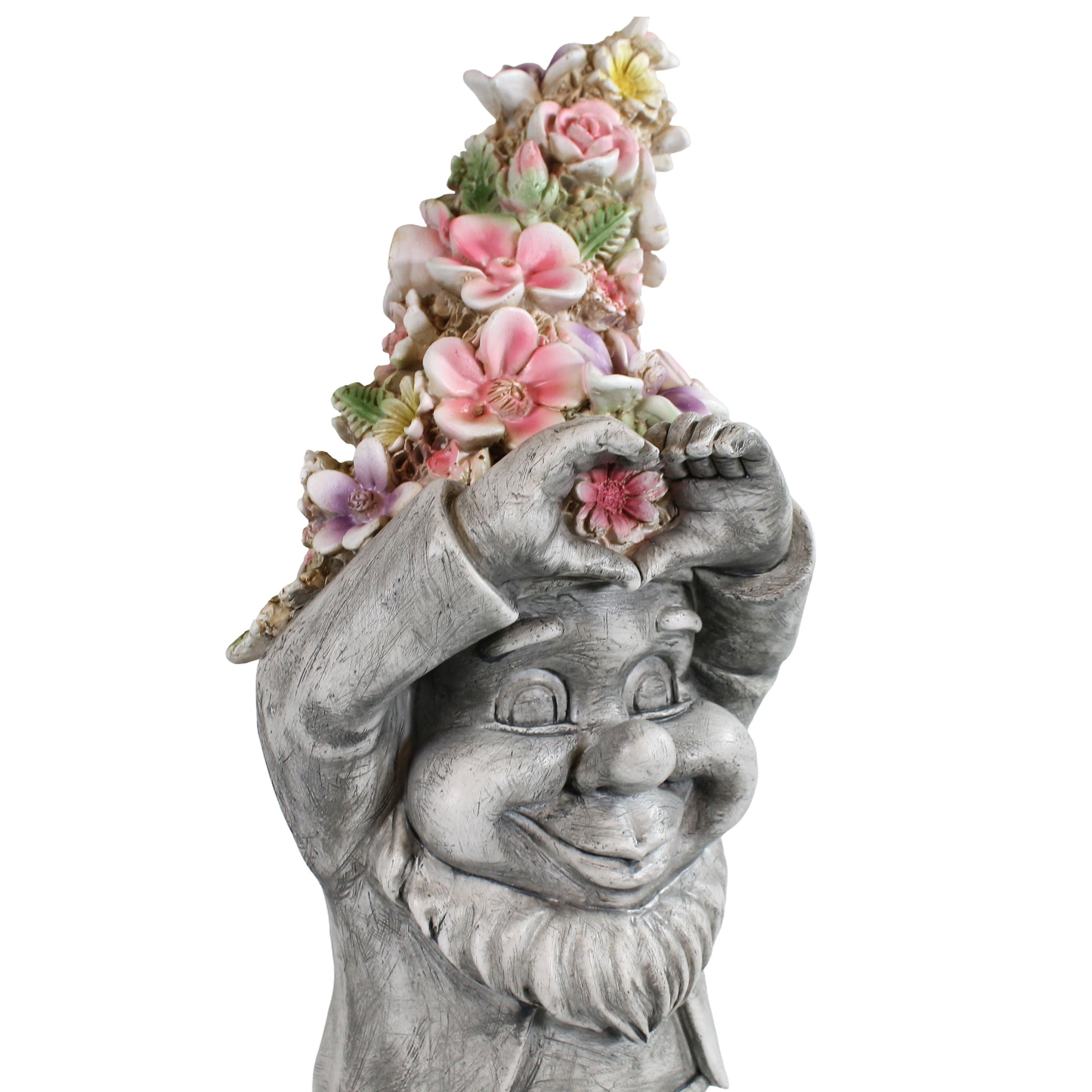 Gartenzwerg mit Herzhänden & Blumenmütze – Gartenfigur Blumenzwerg, handbemalt, verschiedene Größen