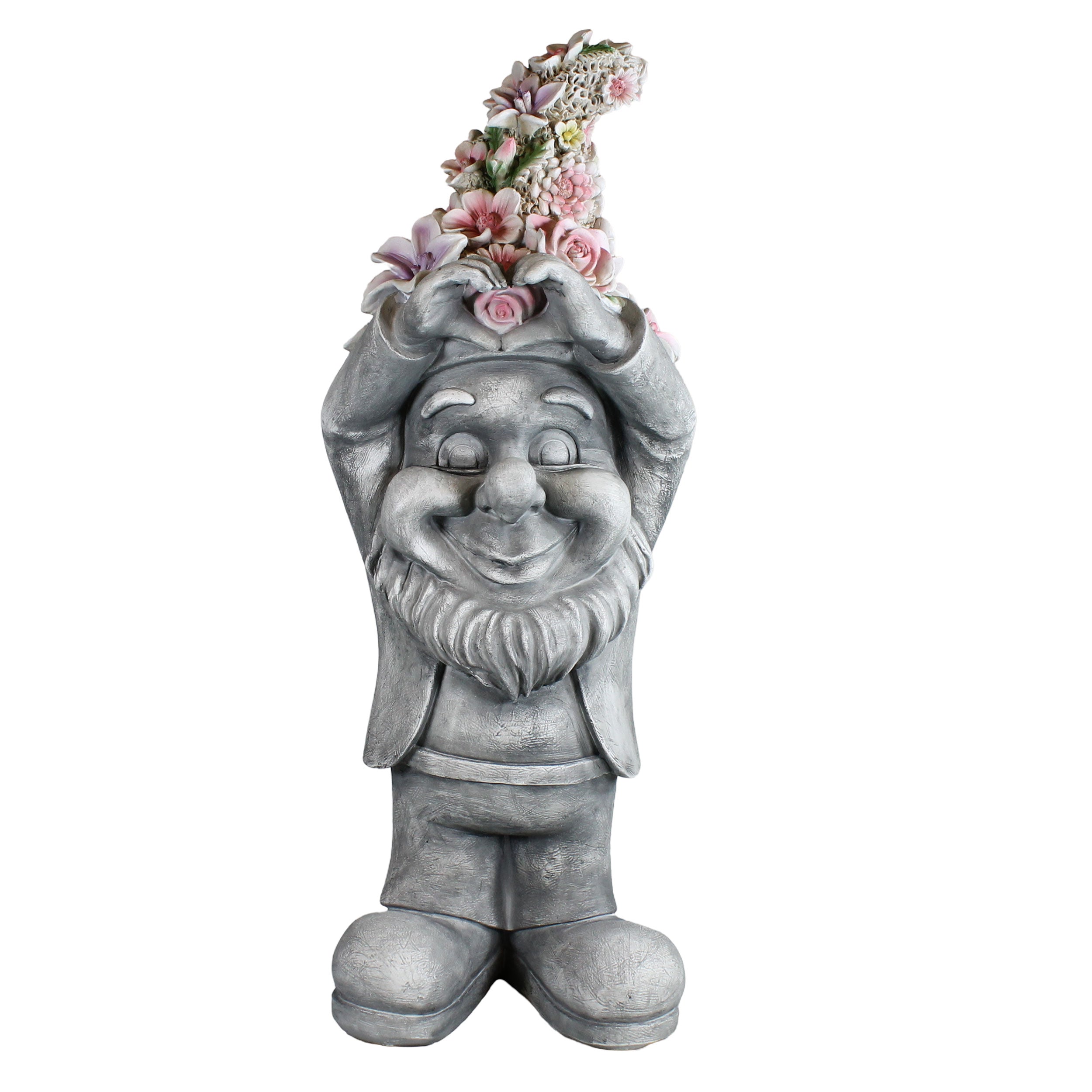 Gartenzwerg mit Herzhänden & Blumenmütze – Gartenfigur Blumenzwerg, handbemalt, verschiedene Größen