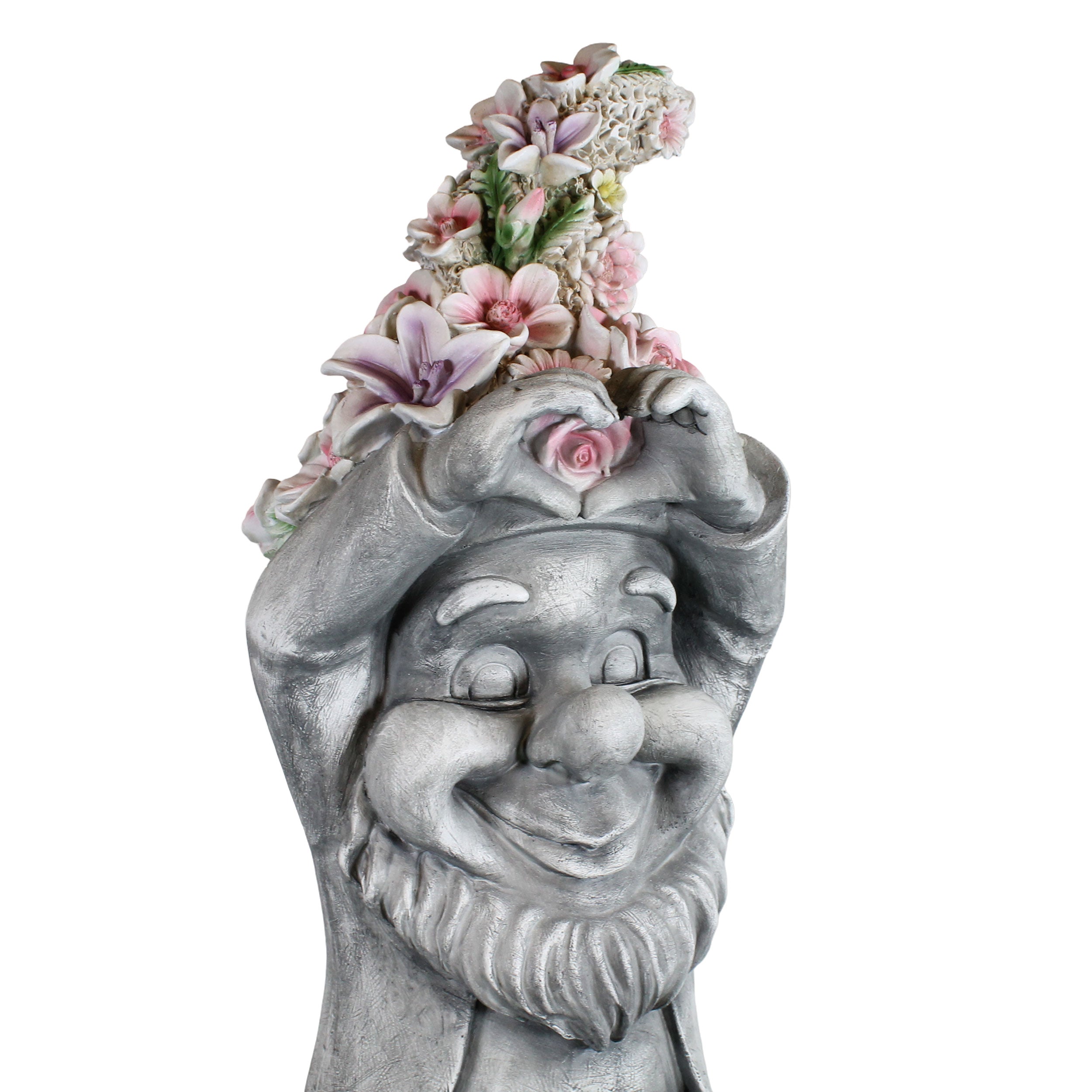 Gartenzwerg mit Herzhänden & Blumenmütze – Gartenfigur Blumenzwerg, handbemalt, verschiedene Größen