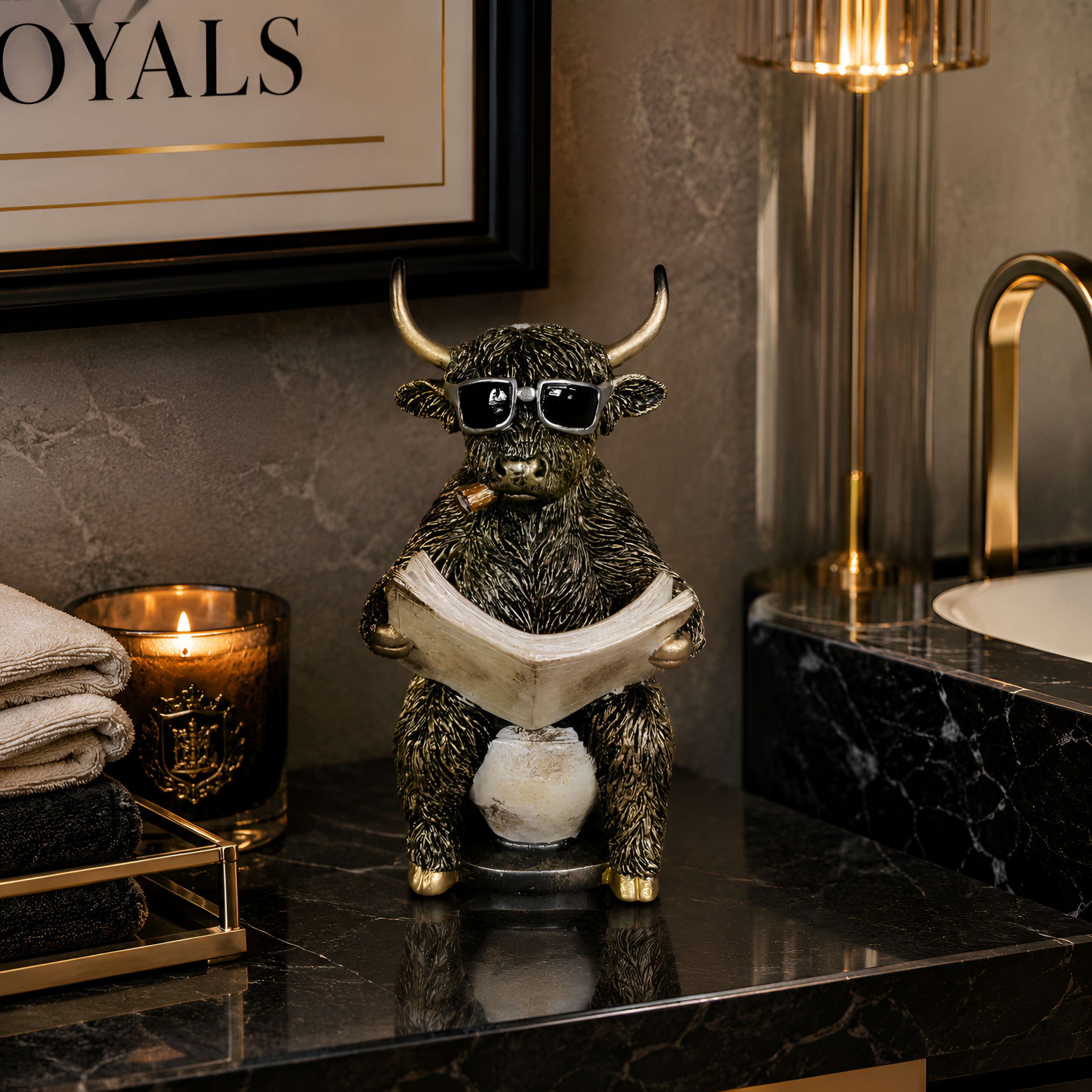 Tierfigur mit Zeitung Deko Kuh Figur oder Affenfigur auf Toilette