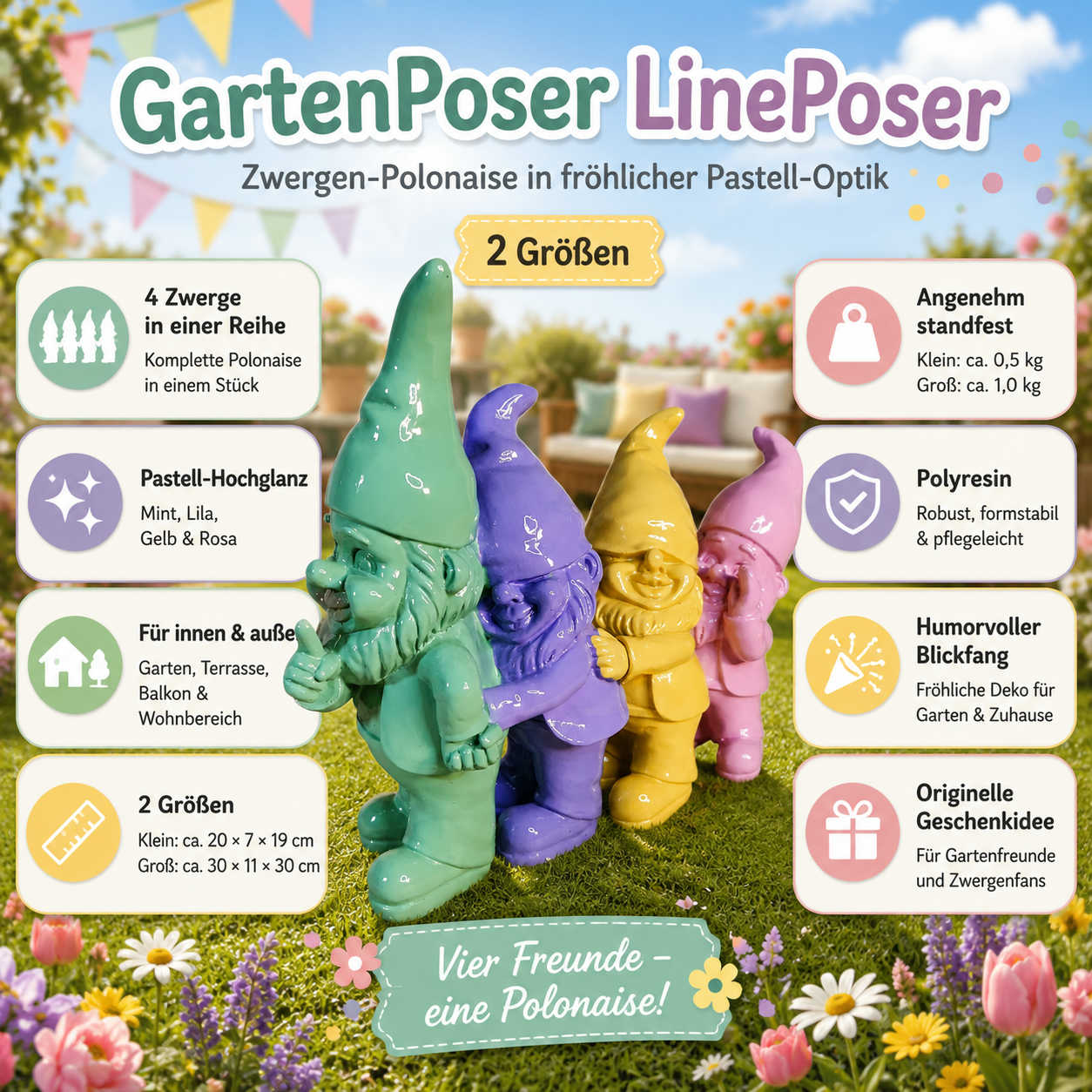 Gartenzwerg Zwergen Polonaise -GartenPoser- Zwerg Deko in Pastell Hochglanz 2 Größen (LinePoser)