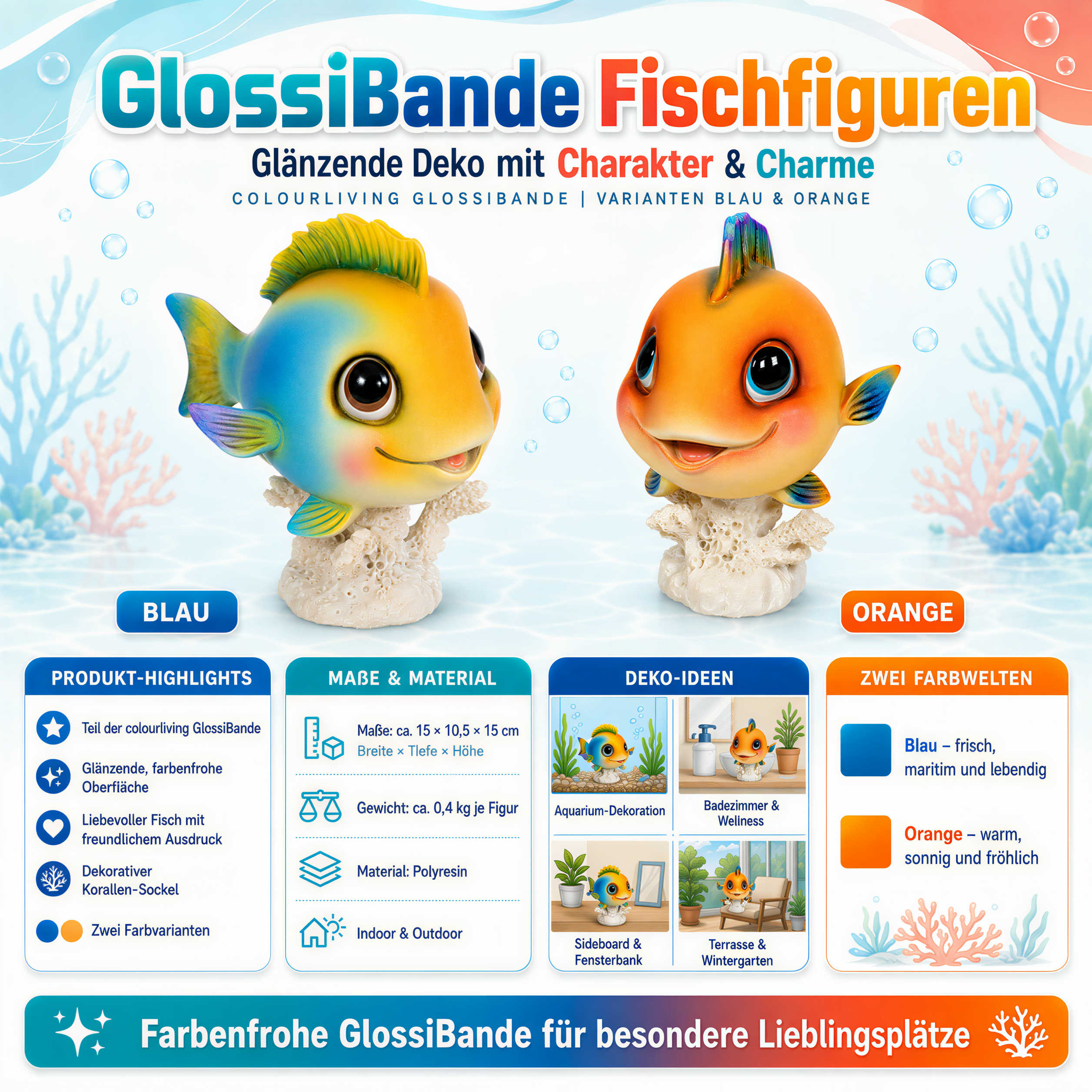 Fisch Figur glänzend Blau & Orange für maritime Deko innen und außen