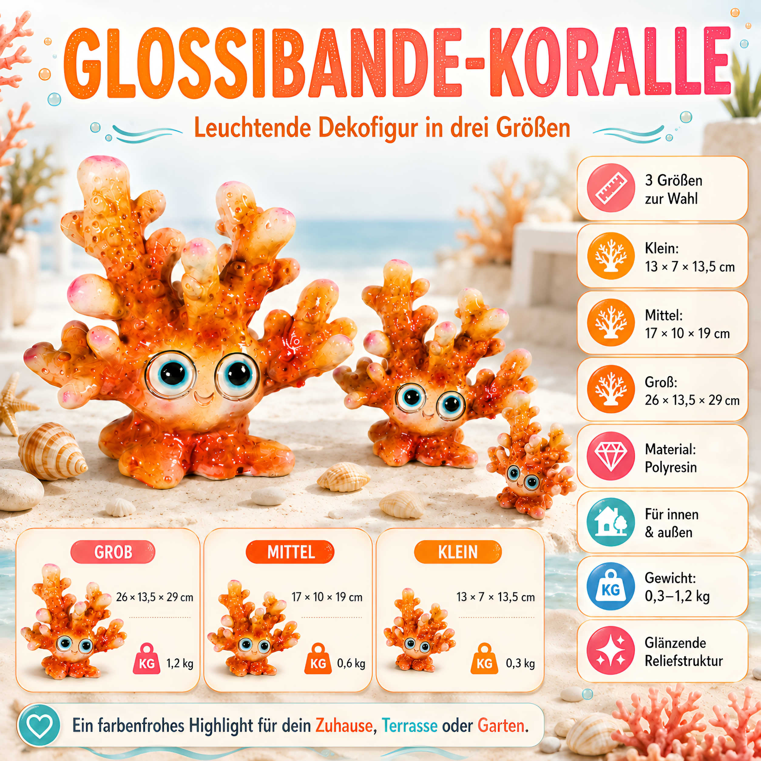 Koralle Figur glänzend Blau-Rosa & Orange in 3 Größen für maritime Deko