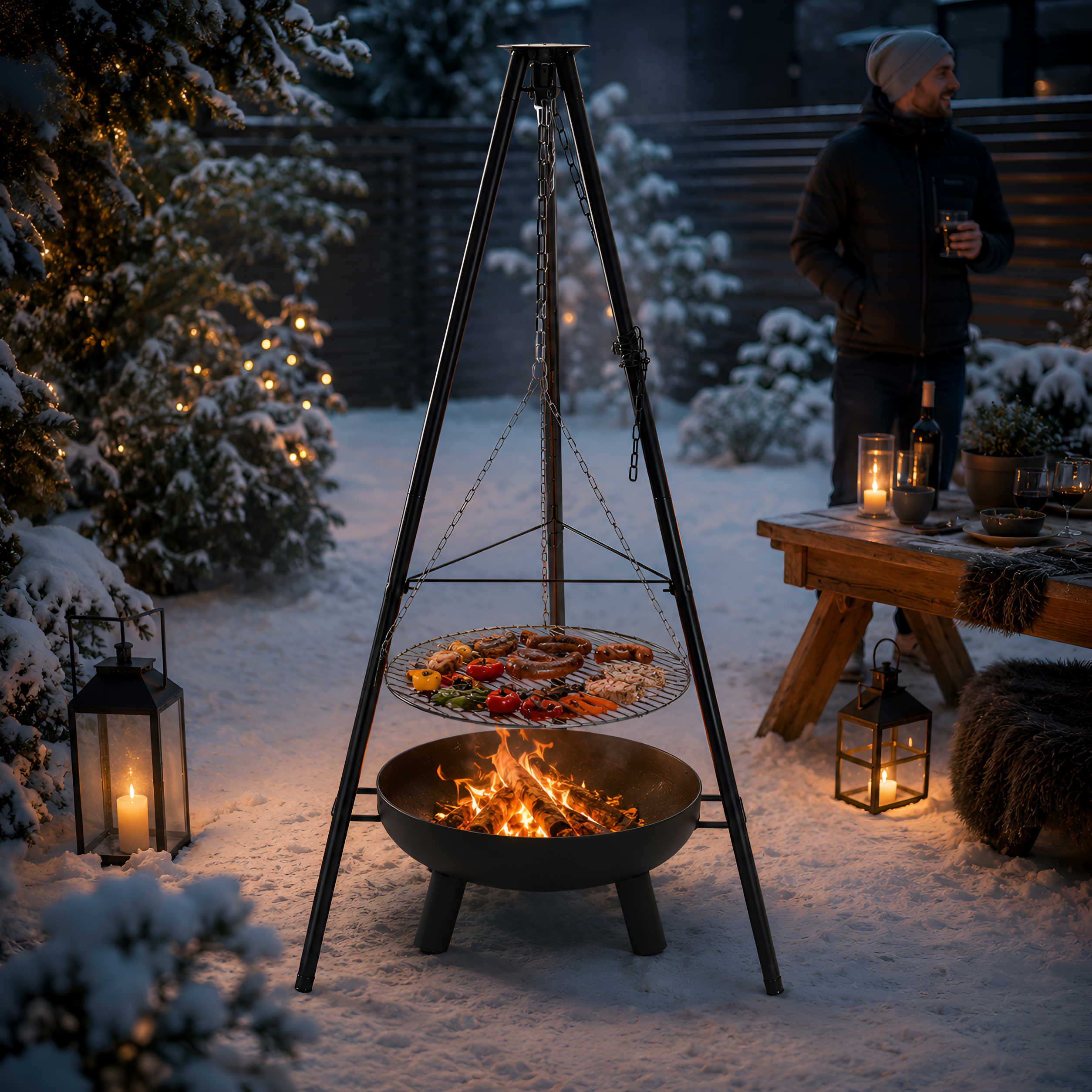 Feuerschale Grill Set 6 in 1 mit Schwenkgrill Feuerzangenbowle Grillrost & Emailletopf