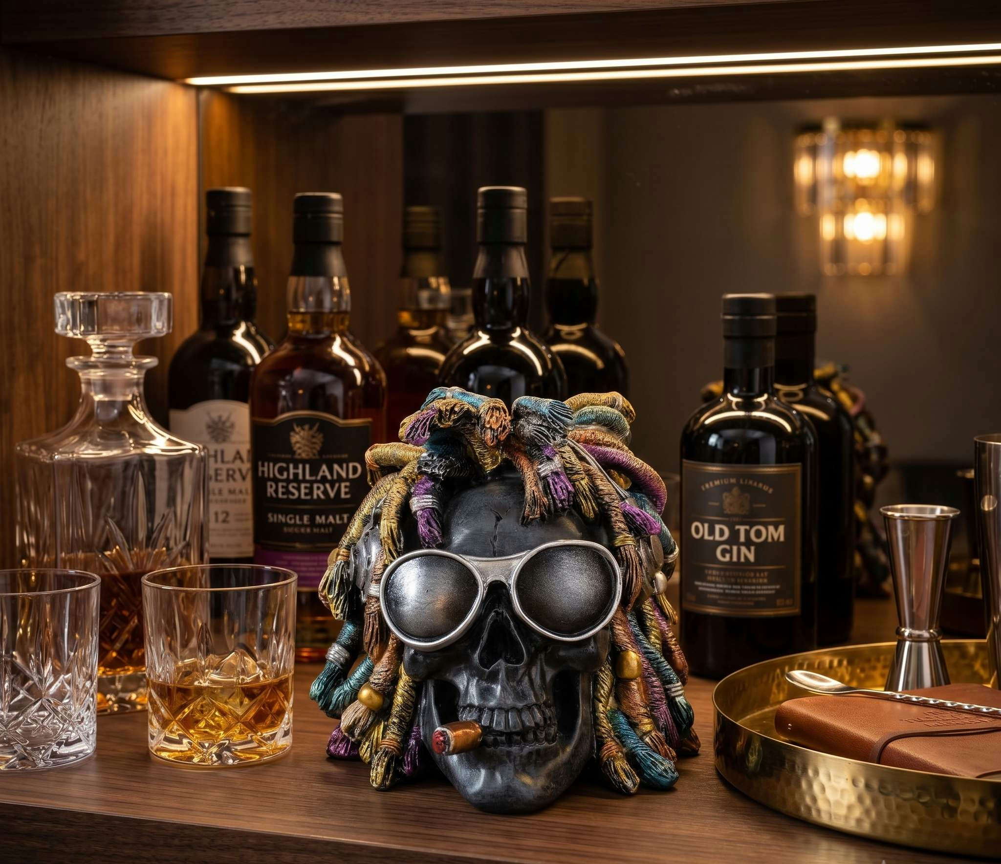 Schädel Deko Rasta Totenkopf Figur mit Sonnenbrille & Dreadlocks