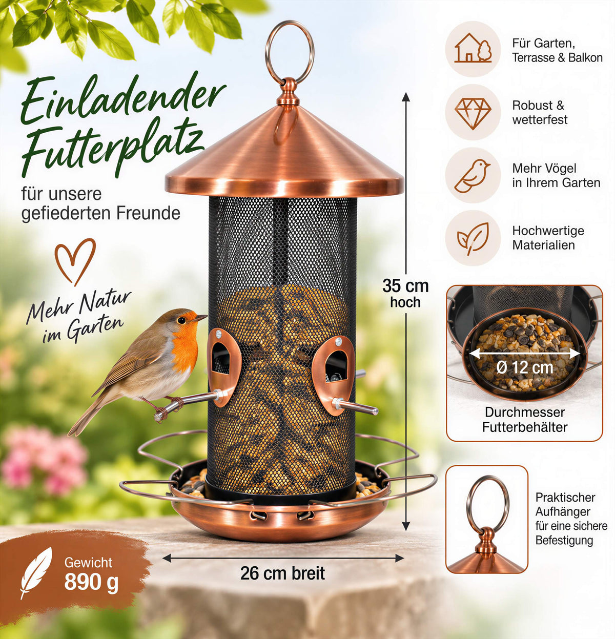 Vogelfutterstation Metall XL Vogelfuttersäule zum Hängen mit 8 Futterplätzen