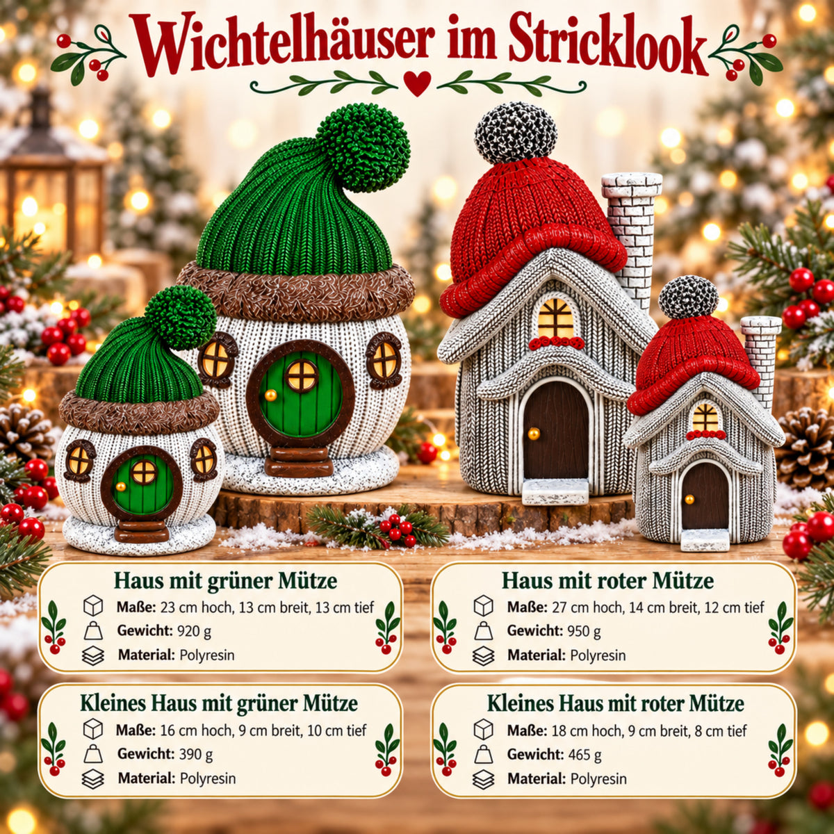 Wichtelhaus Weihnachtsdeko Strickoptik Weihnachtsdorf Tischdeko in 4 Varianten